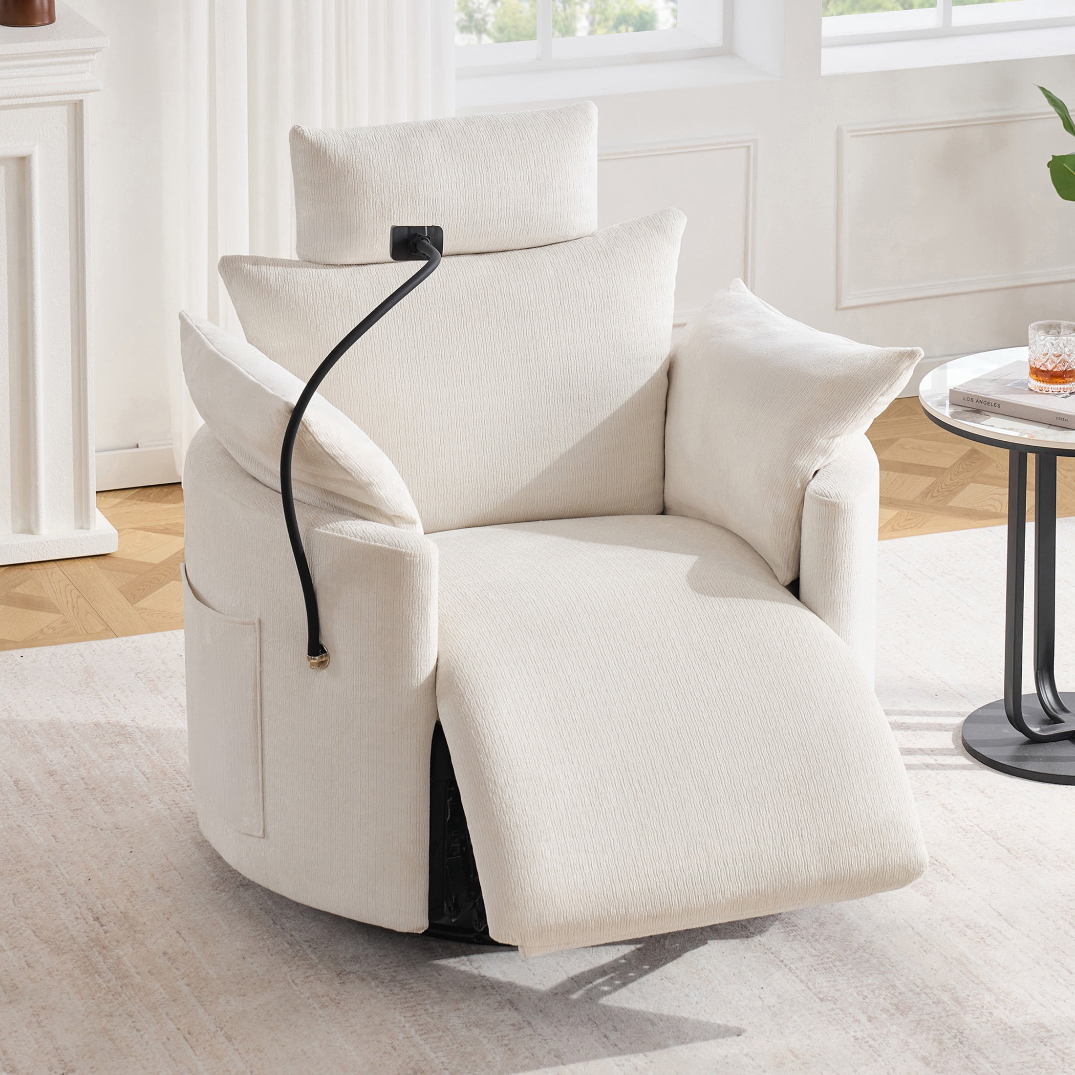 Noble House Sigrid 360° Swivel Rocking Recliner Chair, Electric Power Adjustable Chenille Armchair with USB, White