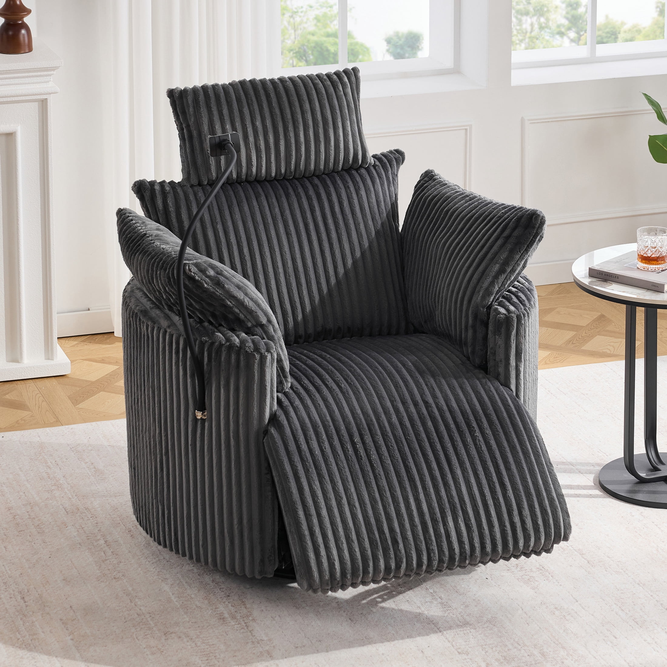Noble House Sigrid 360° Swivel Rocking Recliner Chair, Electric Power Adjustable Corduroy Armchair with USB, Gray