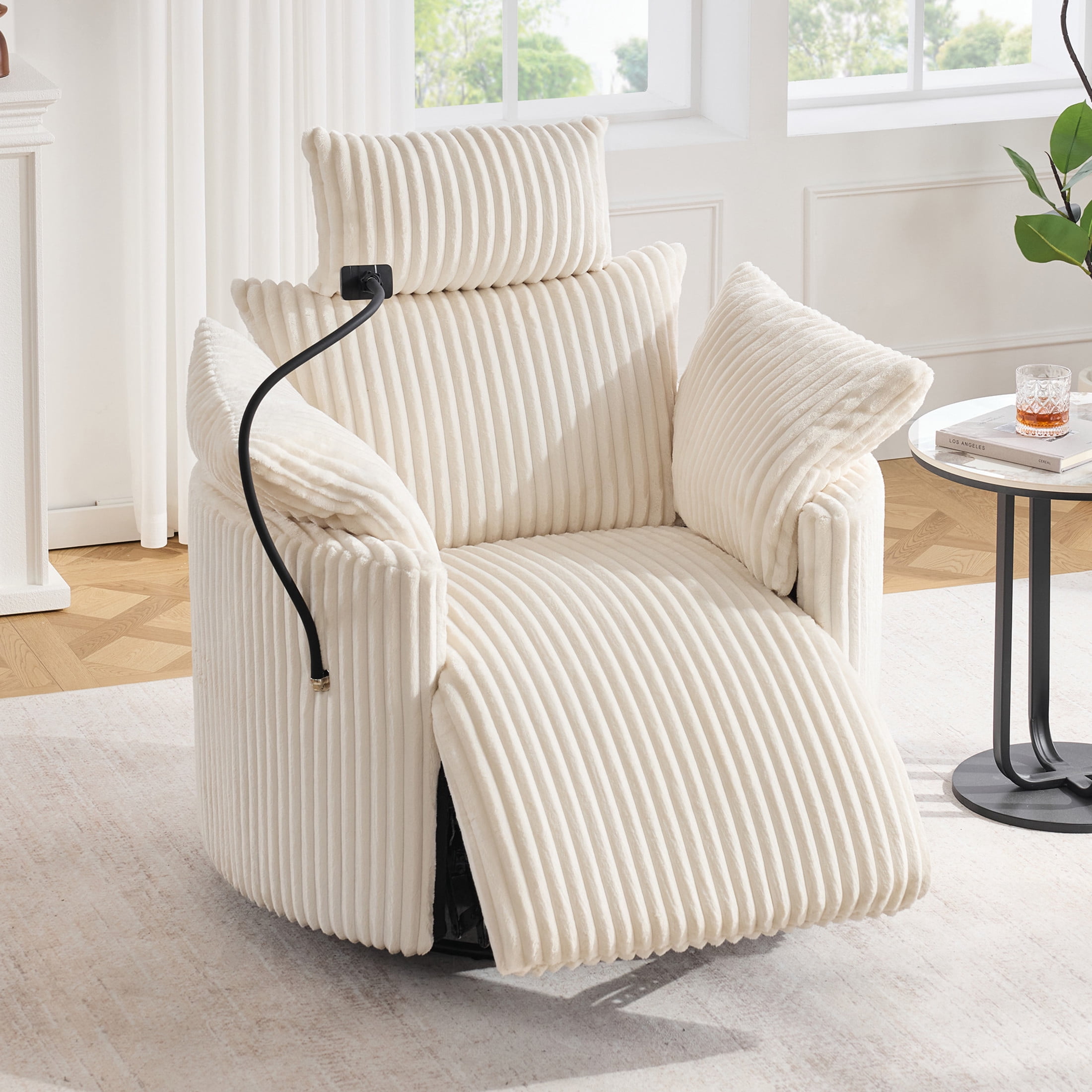 Noble House Sigrid 360° Swivel Rocking Recliner Chair, Electric Power Adjustable Corduroy Armchair with USB, White