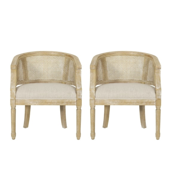 Noble House Silkie Wood and Cane Club Chair, Set of 2, Beige
