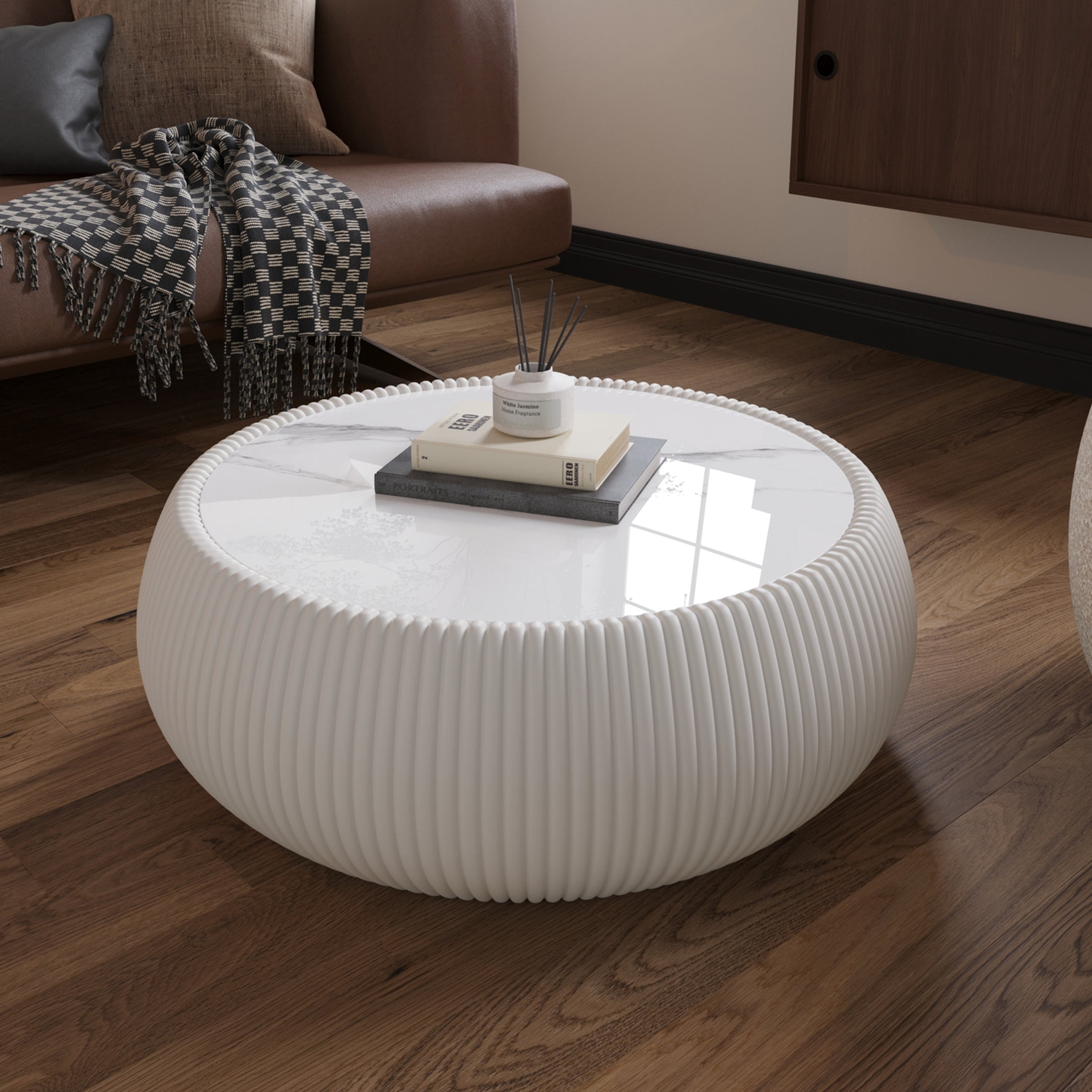 Noble House Simin 28" Drum Marble Top Coffee Table, Modern Leather Wrapped Accent Table, for Living Room, Beige