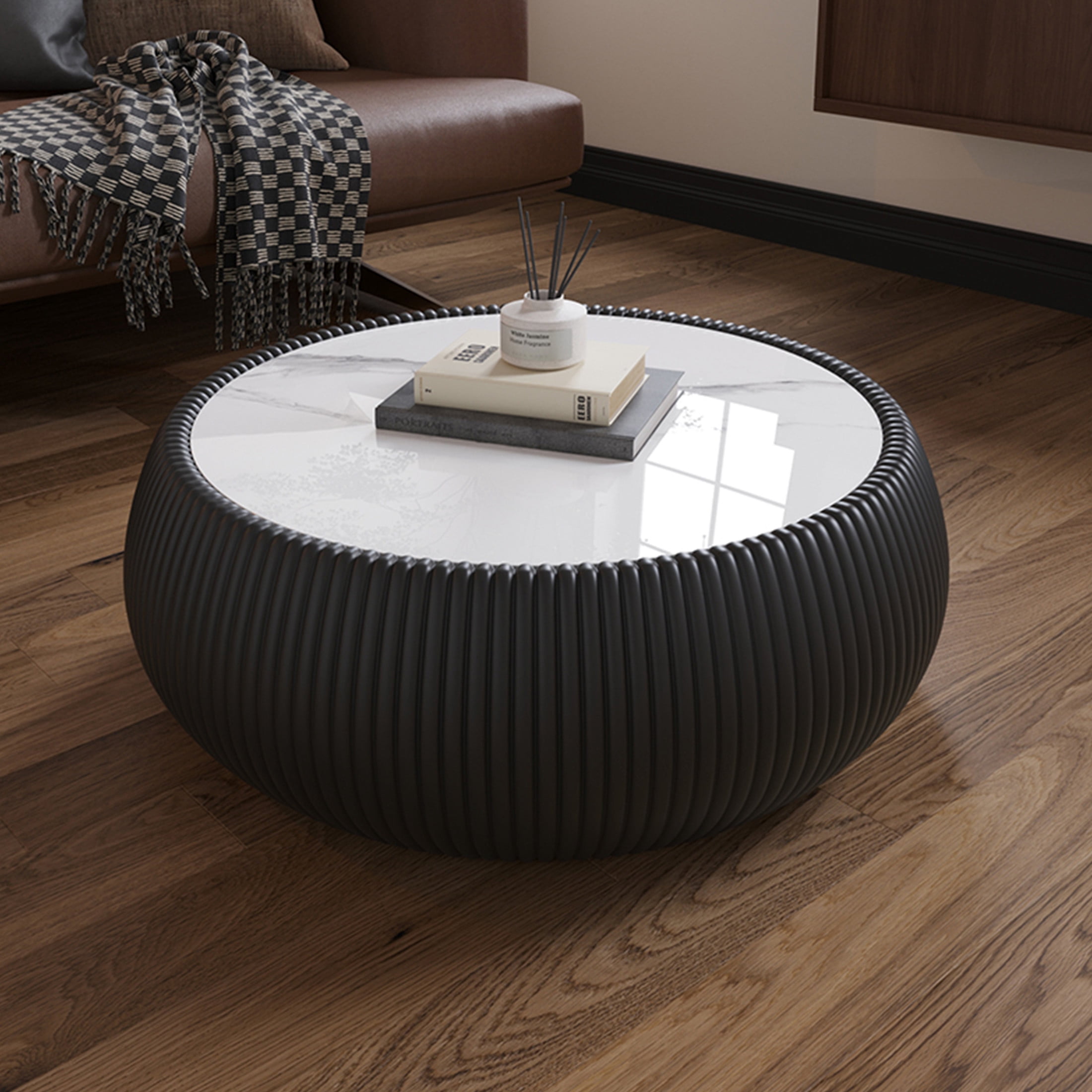 Noble House Simin 28" Drum Marble Top Coffee Table, Modern Leather Wrapped Accent Table, for Living Room, Black