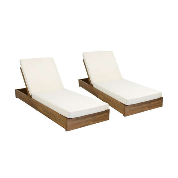 Noble House Simmons Cushioned Acacia Wood Outdoor Chaise Lounge - Set of 2, Cream/Teak