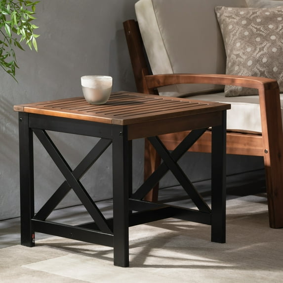 Noble House Sinaya Farmhouse Acacia Wood End Table, Dark Brown and Black
