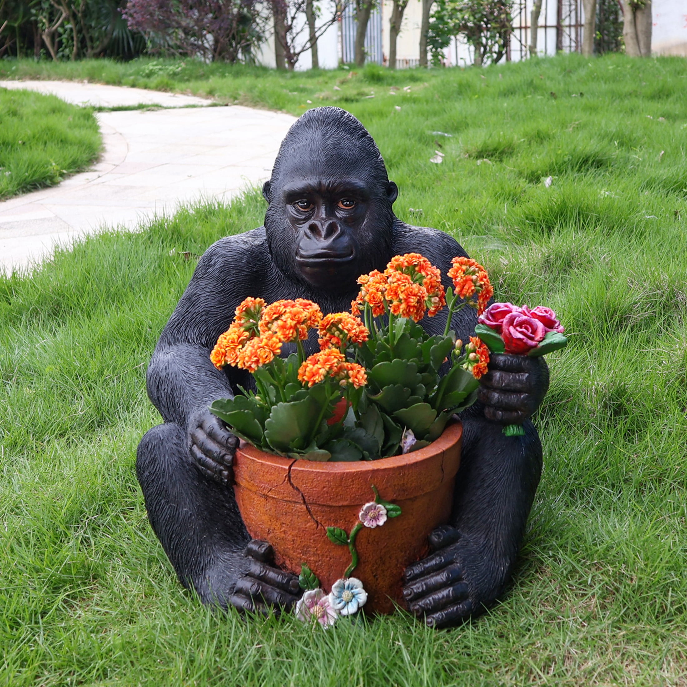 Noble House Sitting Chimpanzee Garden Planter Pot, Whimsical Resin Figurine Flower Pot for Outdoor Porch and Yard Decor, Multicolor