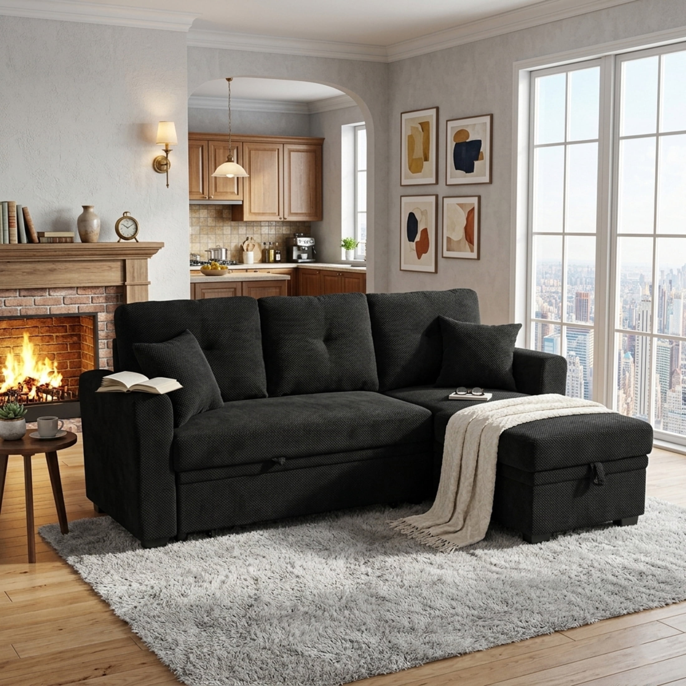 Noble House Sleeper Sectional Sofa with Pull-Out Bed, Reversible Storage Chaise, Black