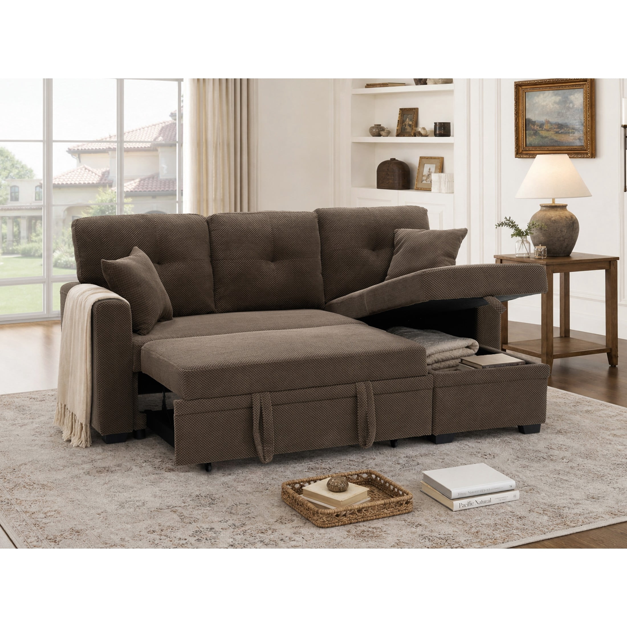 Noble House Sleeper Sectional Sofa with Pull-Out Bed, Reversible Storage Chaise, Coffee
