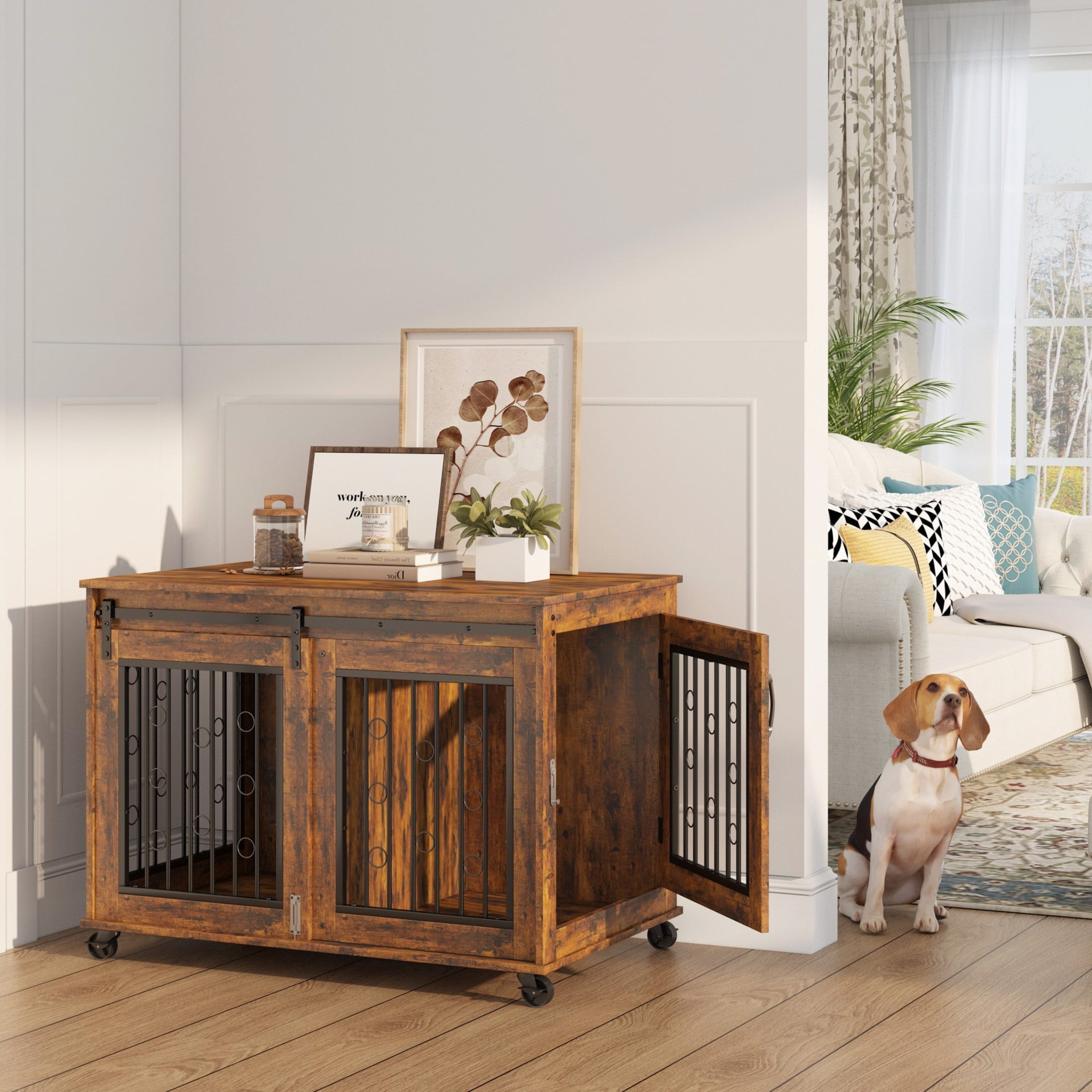 Thumbnail for Noble House Sliding Door Dog Crate With Partition Indoor Kennel