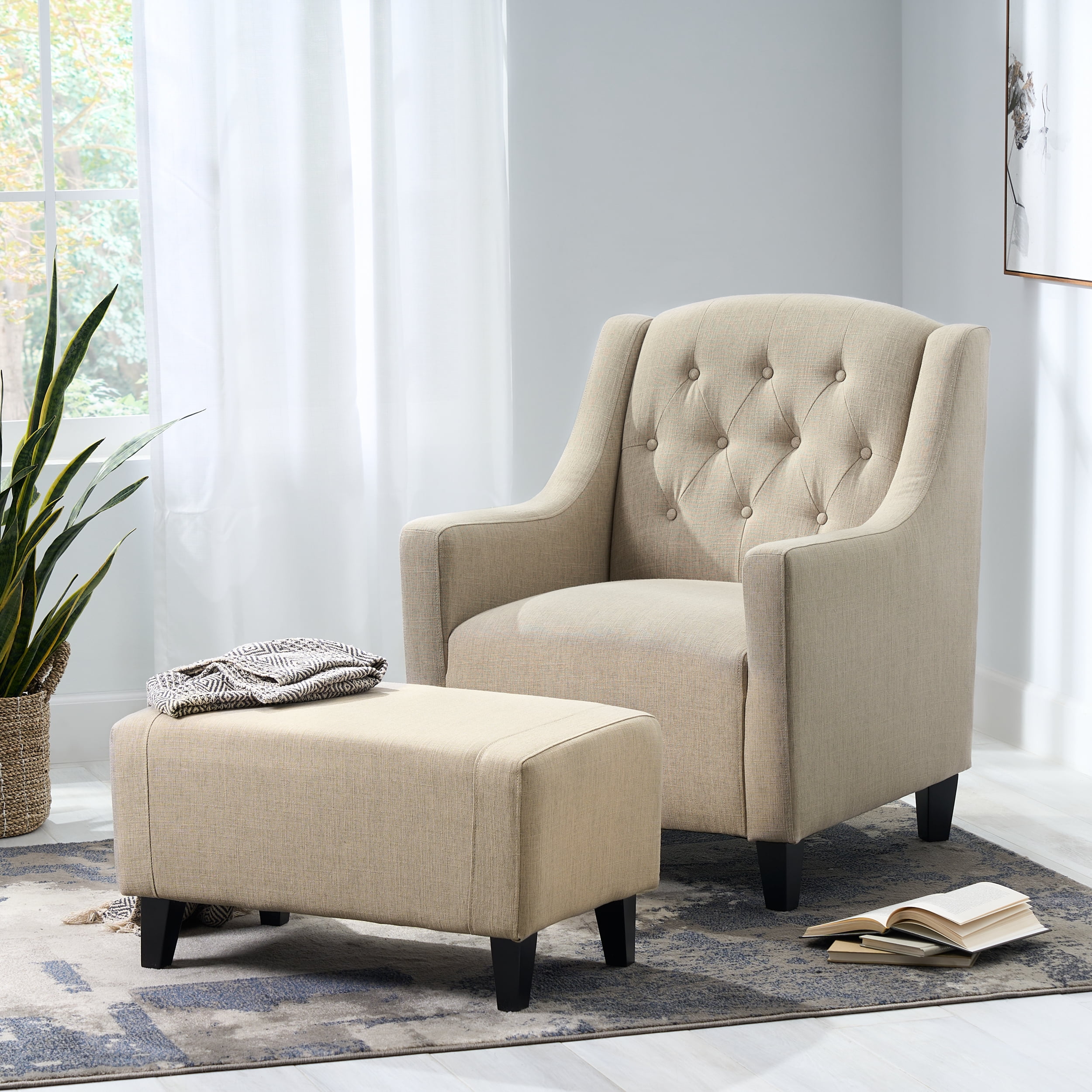 Empierre Tufted Light Beige Fabric Chair and Ottoman – GDFStudio