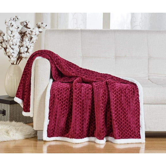 Noble House Soft Plush Braided Sherpa Throw Blanket for Lounging on Couch 50" x 60" - Burgundy