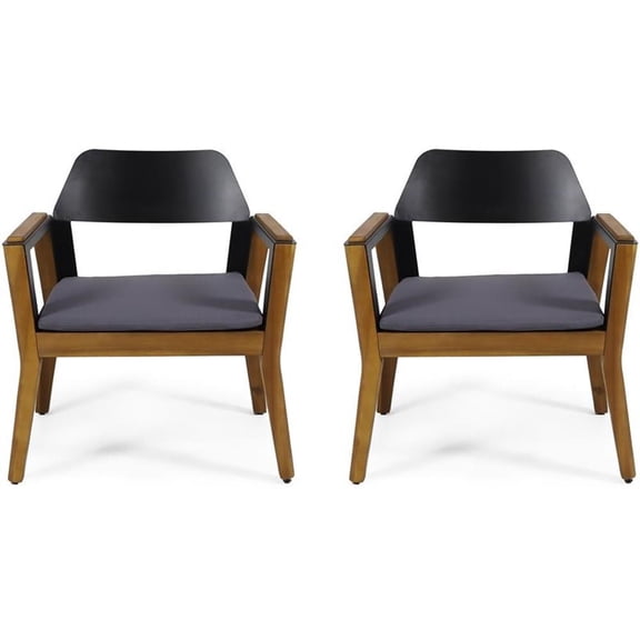 Alvaro Outdoor Acacia Wood Club Chairs with Cushion, Set of 2, Teak, Black, Dark Gray