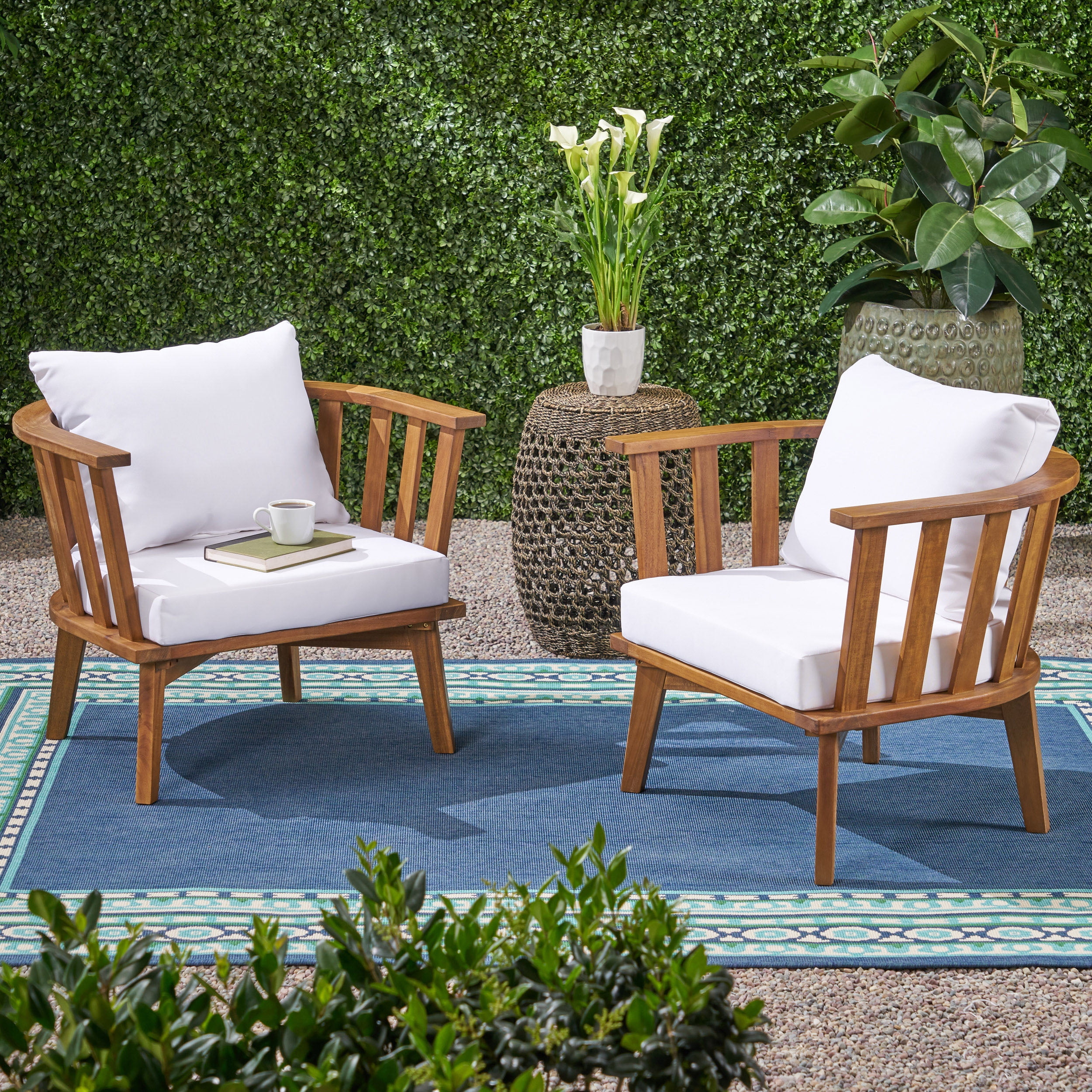 Noble House Solano Outdoor Wood Club Chair with Cushion in White