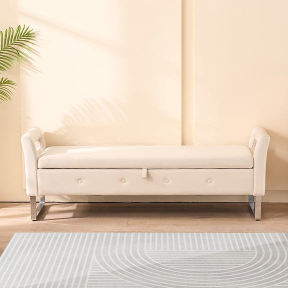 Noble House Solen 68" Velvet Storage Bench, Upholstered Entryway Bed-End Seat with Hidden Compartment, Beige