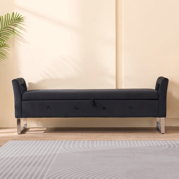Noble House Solen 68" Velvet Storage Bench, Upholstered Entryway Bed-End Seat with Hidden Compartment, Black
