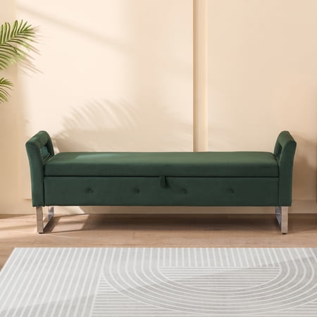 Noble House Solen 68" Velvet Storage Bench, Upholstered Entryway Bed-End Seat with Hidden Compartment, Green