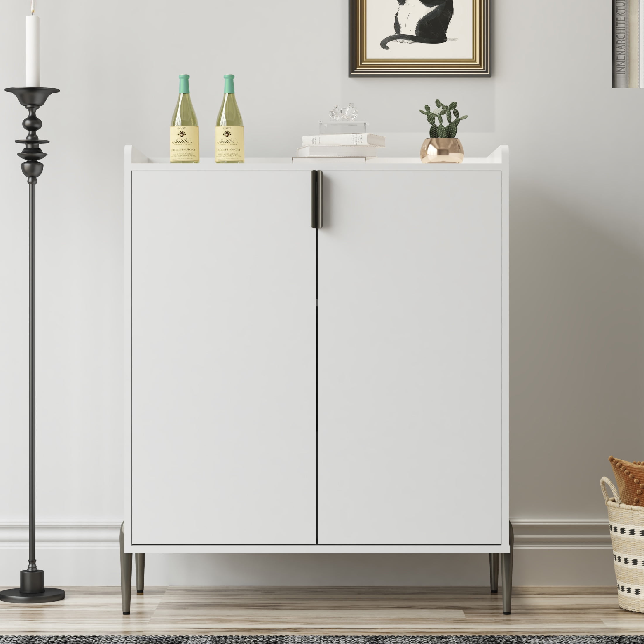 Noble House Solhill 31.5" 2-Door Wine Bar Cabinet, Wooden Wine Rack Liquor Cabinet, Adjustable Shelves, Kitchen, White