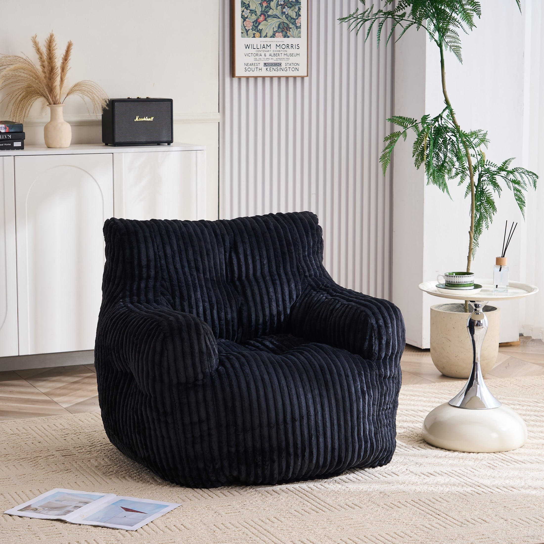 Noble House Solley 39" Fluffy Corduroy Bean Bag Chair, Memory Sponge Floor Lounger Accent Seat for Living Room, Black