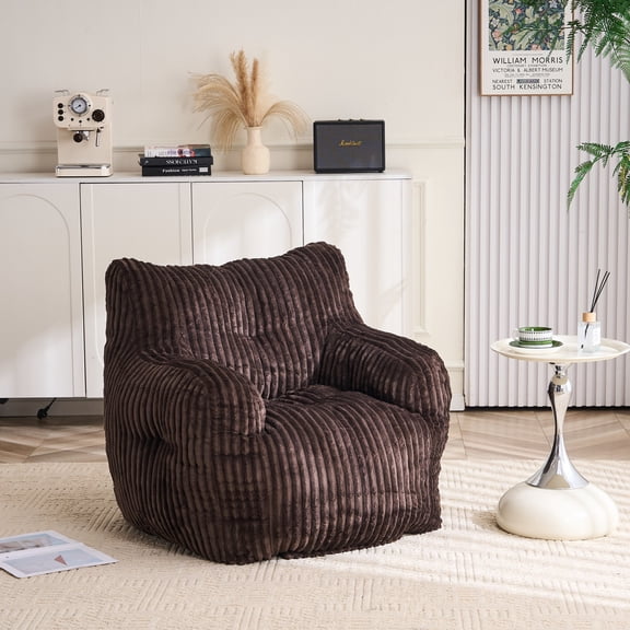 Noble House Solley 39" Fluffy Corduroy Bean Bag Chair, Memory Sponge Floor Lounger Accent Seat for Living Room, Brown