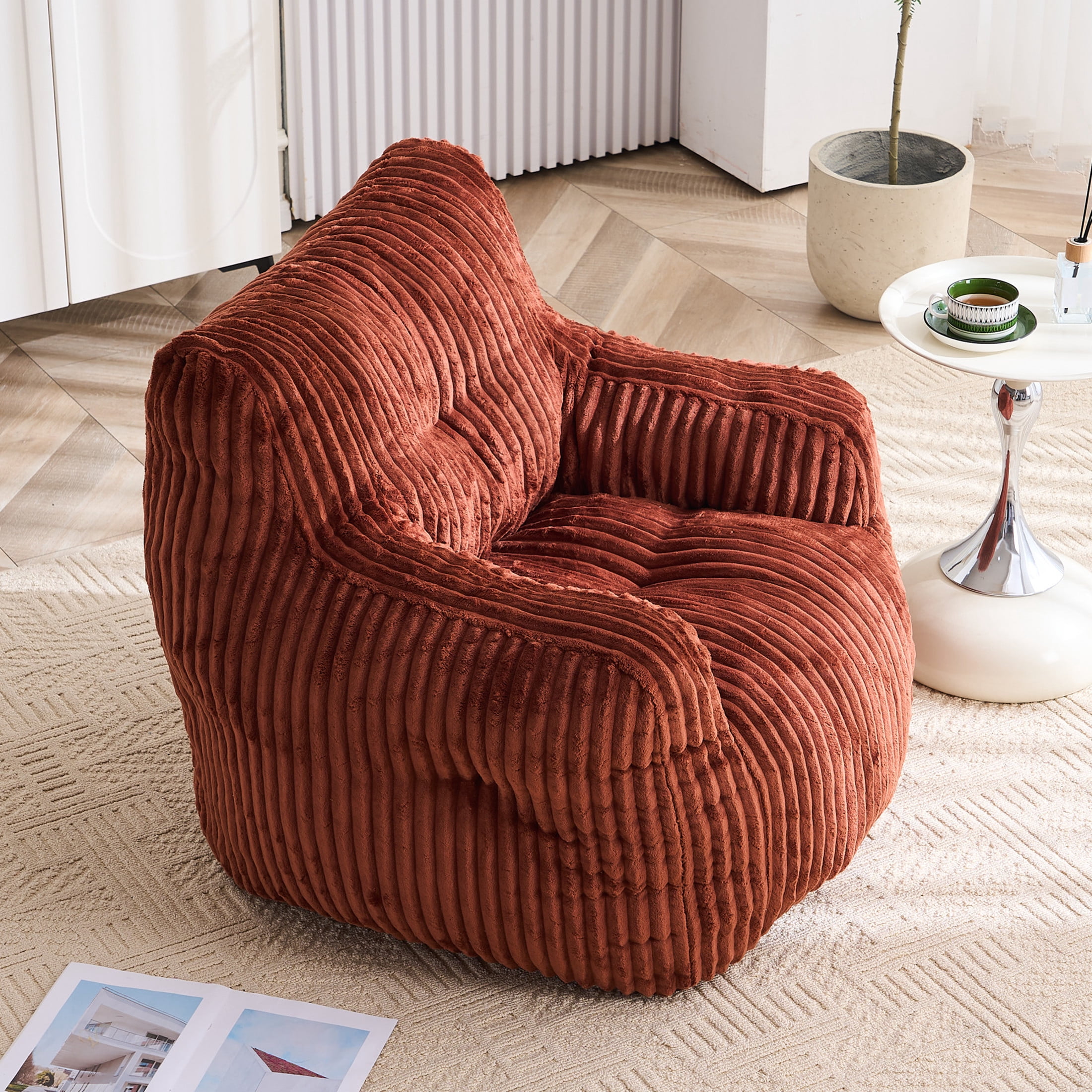 Noble House Solley 39" Fluffy Corduroy Bean Bag Chair, Memory Sponge Floor Lounger Accent Seat for Living Room, Red