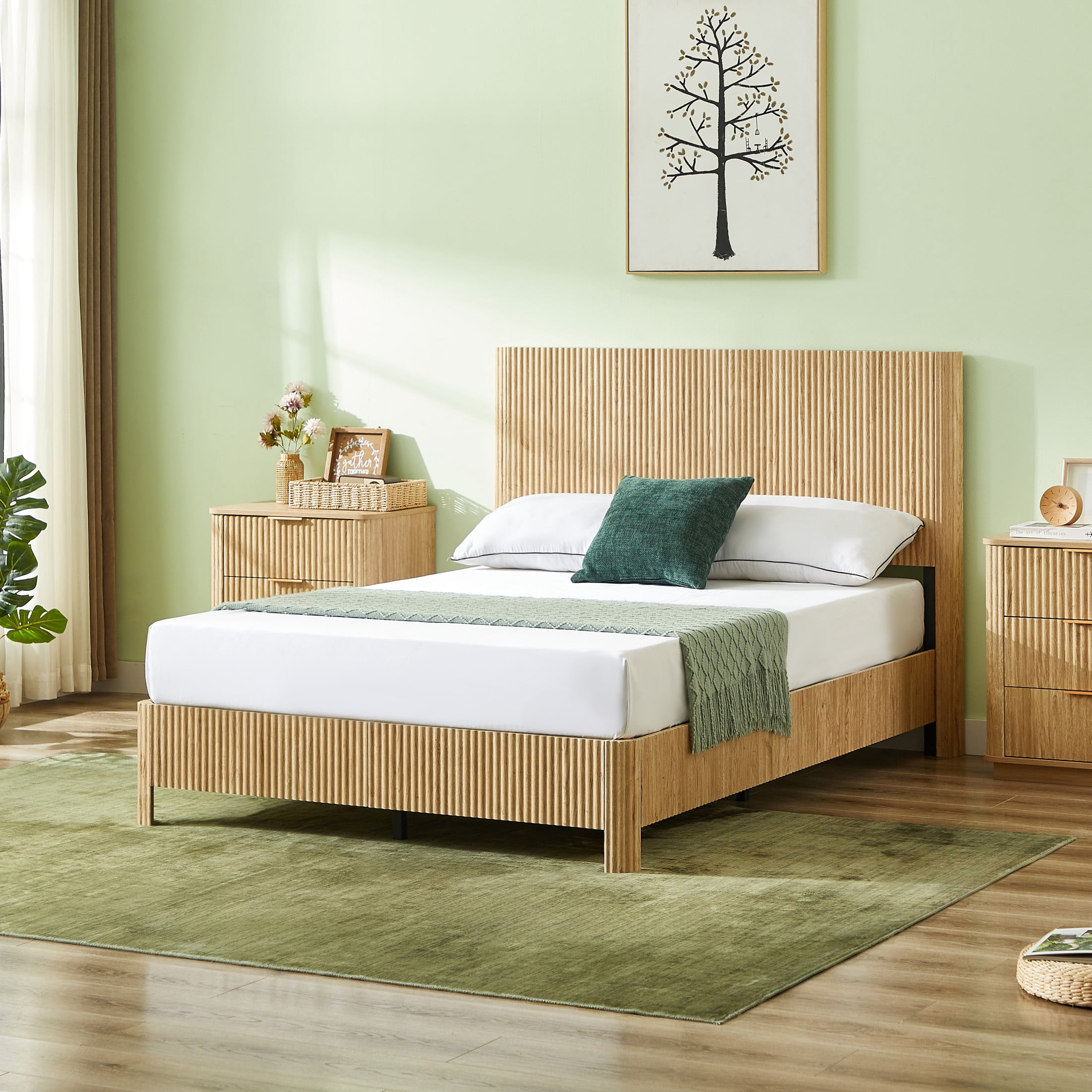 Noble House Solley Full Platform Bed, Rustic Curved Wooden with Corrugated Accents, Heavy-Duty Frame, Oak