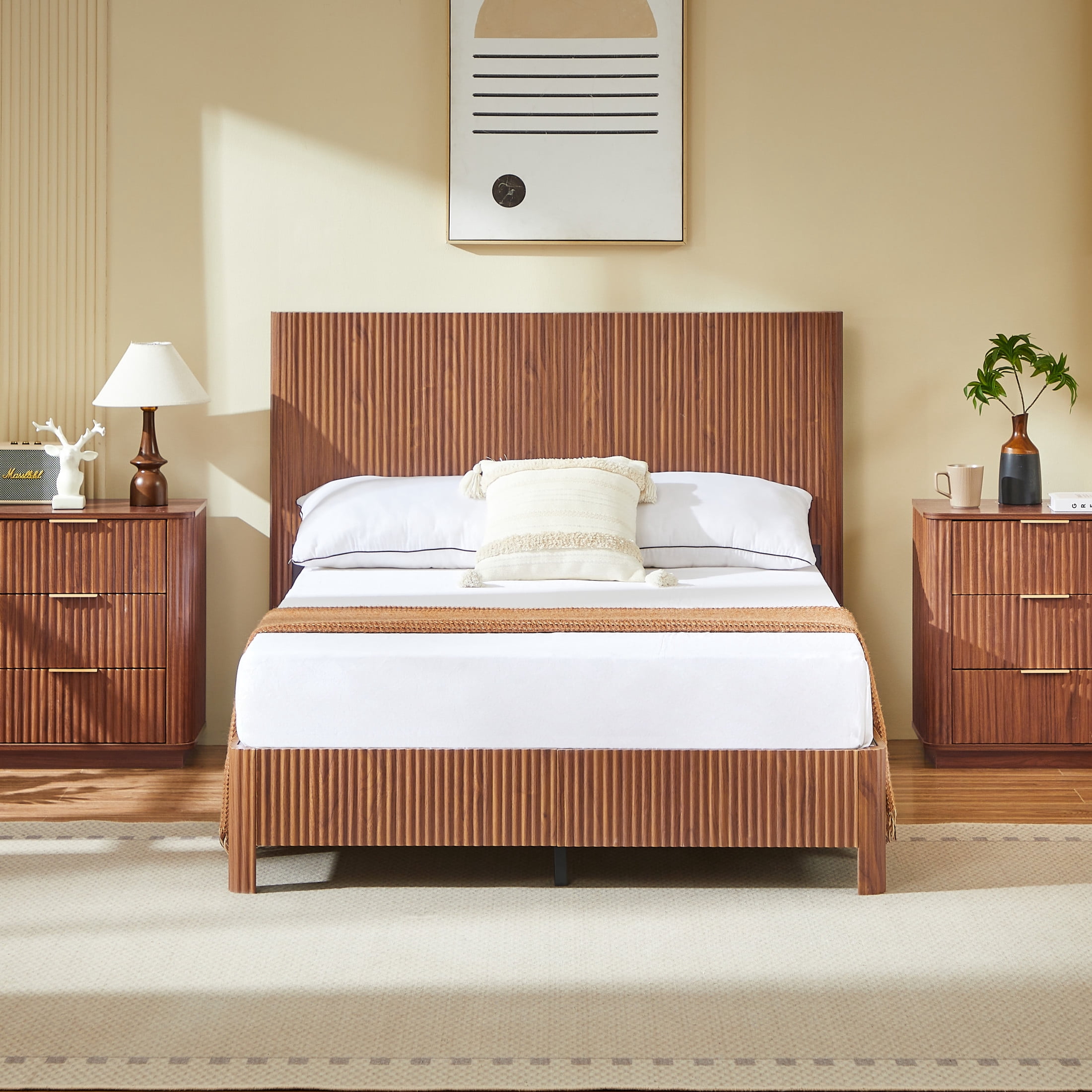 Noble House Solley Full Platform Bed, Rustic Curved Wooden with Corrugated Accents, Heavy-Duty Frame, Walnut