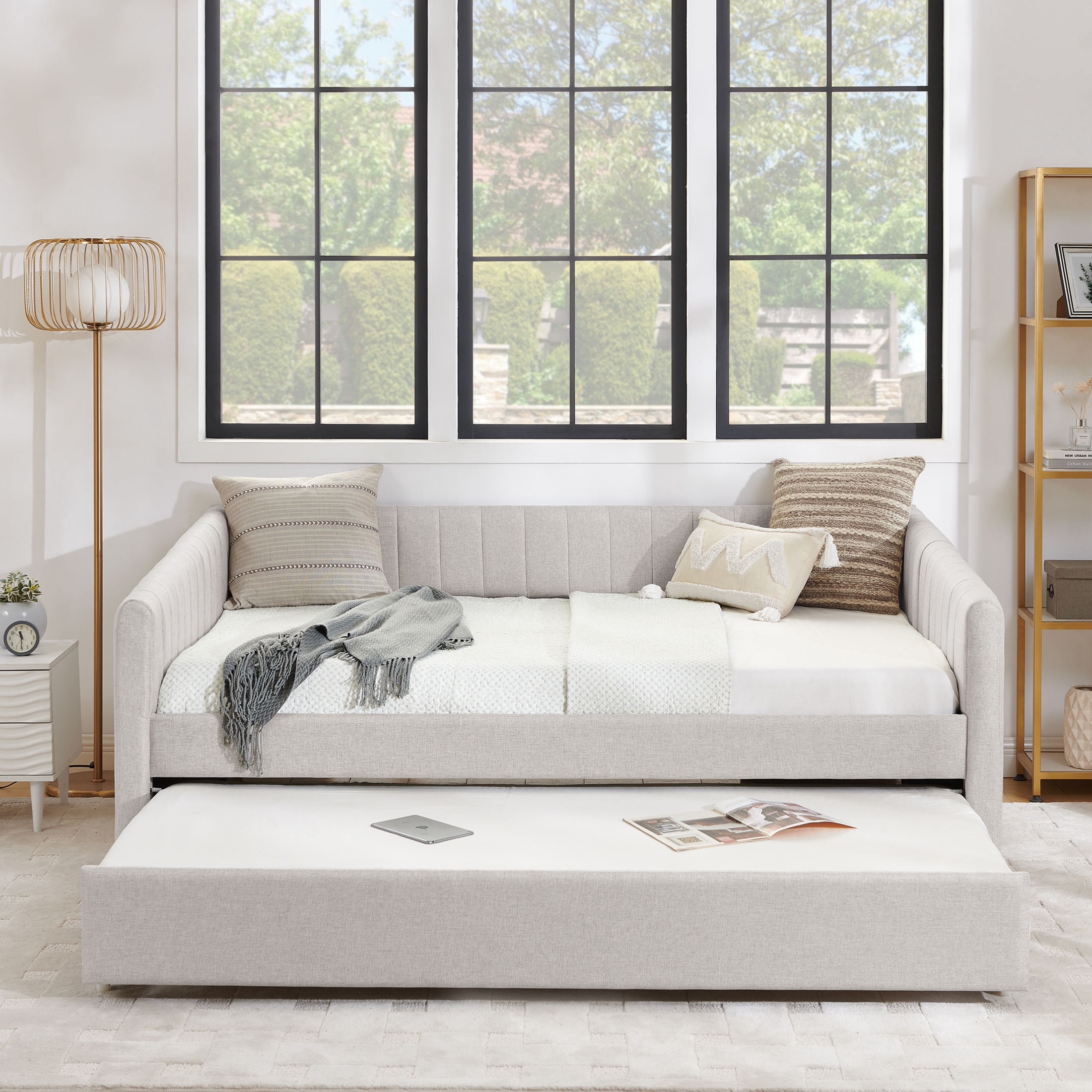 Noble House Solley Queen Size Daybed with Vertical Stripes & Pull-Out Trundle, Linen Upholstered Sofa Bed, Beige