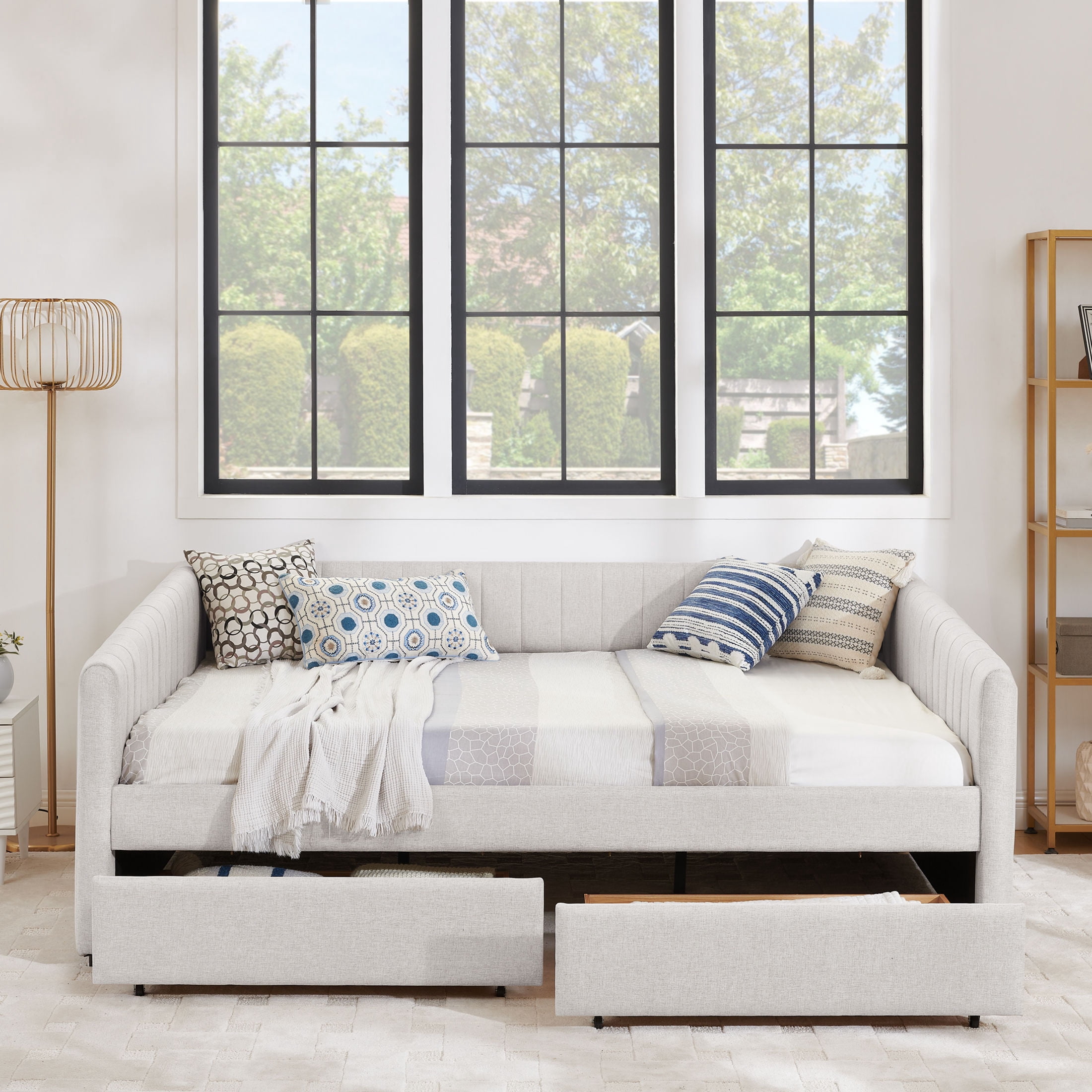 Noble House Solley Queen Size Daybed with Vertical Stripes & Storage Drawers, Linen Upholstered Sofa Bed, Beige