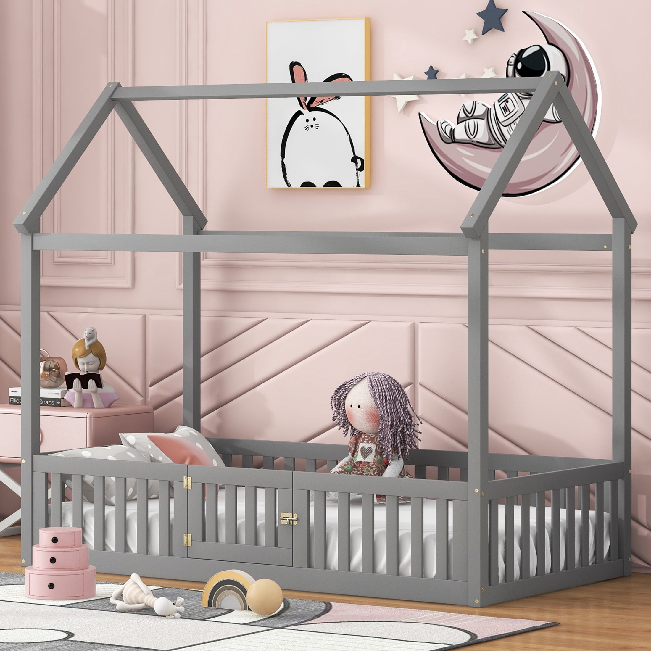 Noble House Solri Twin Size Wood House Bed with Fence and Door, Whimsical Play Bed with Sky Roof, Gray