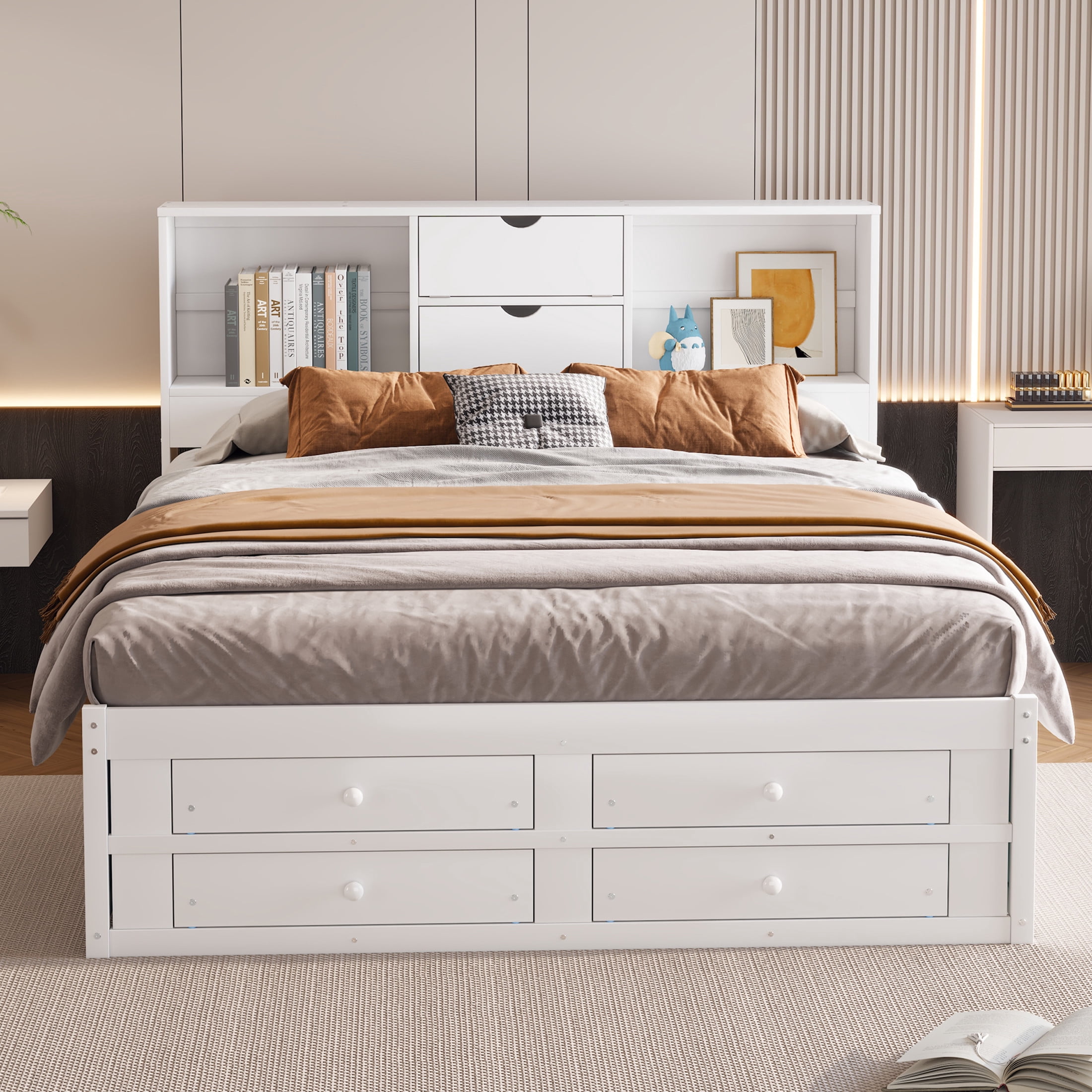 Noble House Solridge King Size Platform Bed with Bookcase Headboard and Storage Drawers, Solid Wood Frame, White