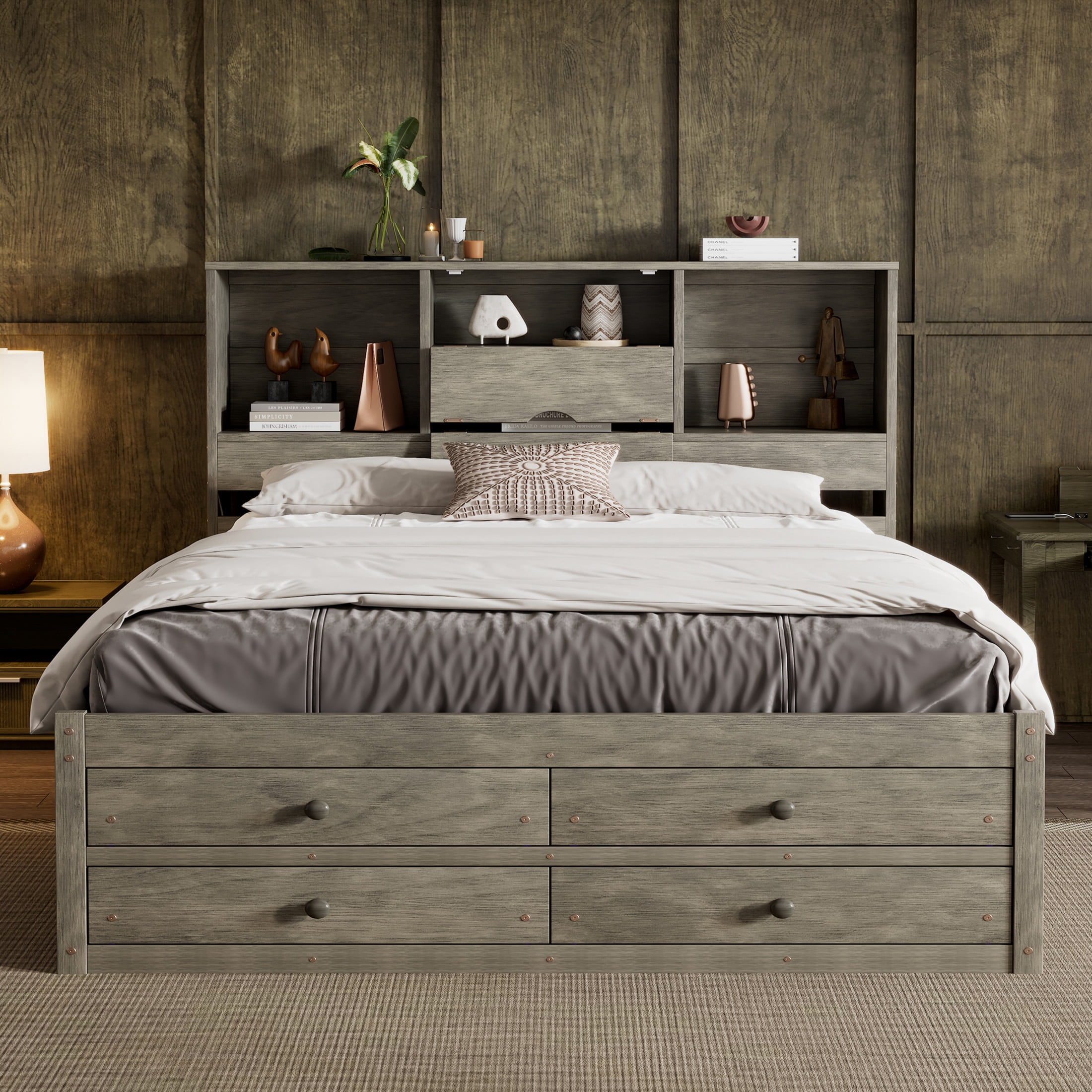 Noble House Solridge Queen Size Platform Bed with Bookcase Headboard and Storage Drawers, Solid Wood Frame, Gray