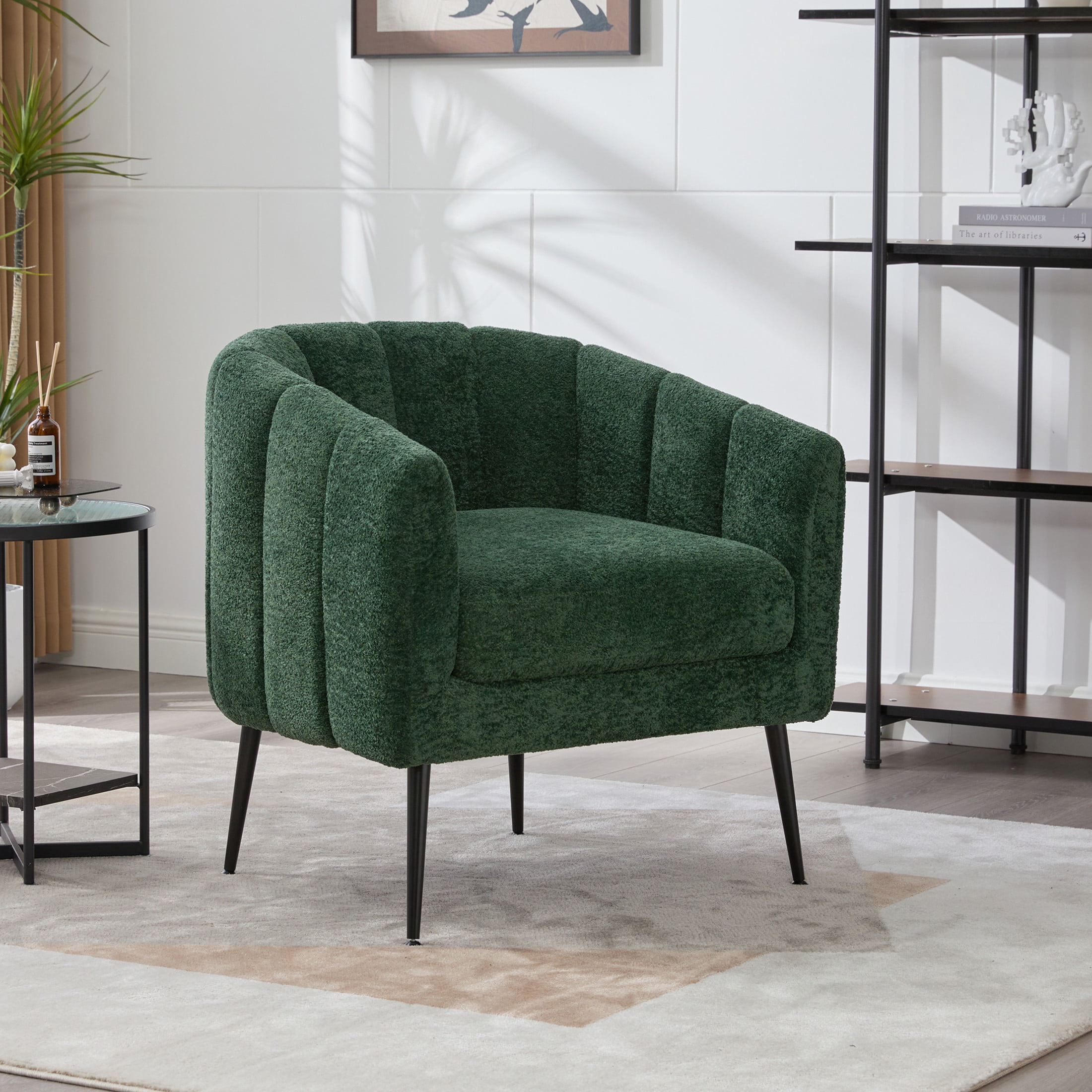 Noble House Solval 29.9" Chenille Barrel Accent Chair, Channel Tufted Lounge Chair with Metal Legs, Living Room, Green