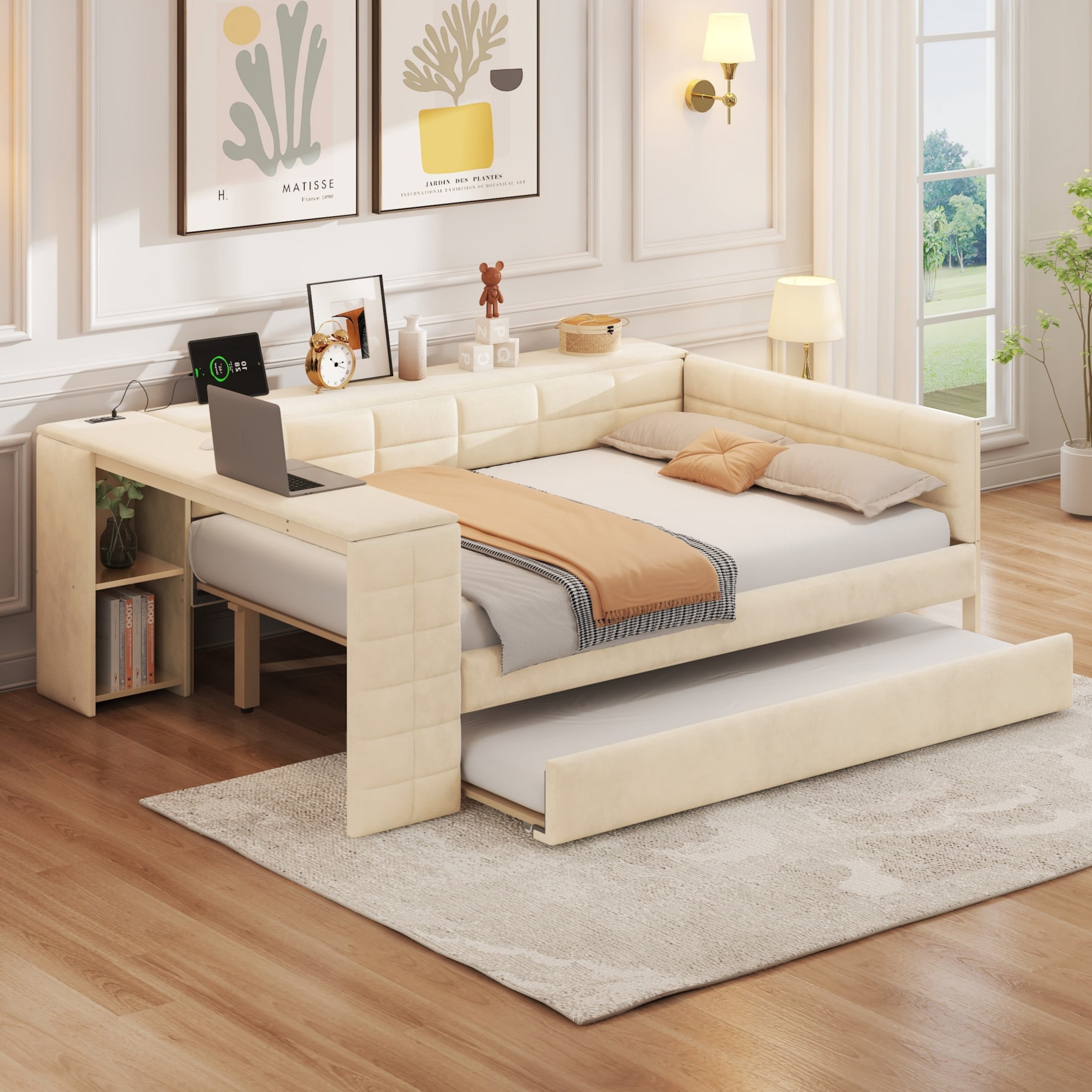 Noble House Sonoma Full Velvet Upholstered Bed with Trundle, Side Desk, Charging Station and Storage Shelves, Beige