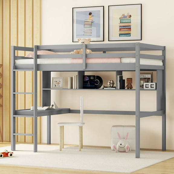 Noble House Sparkling Twin Loft Bed with Built-In Desk and Shelves, Pine Wood Frame with Ladder and Guardrails, Grey