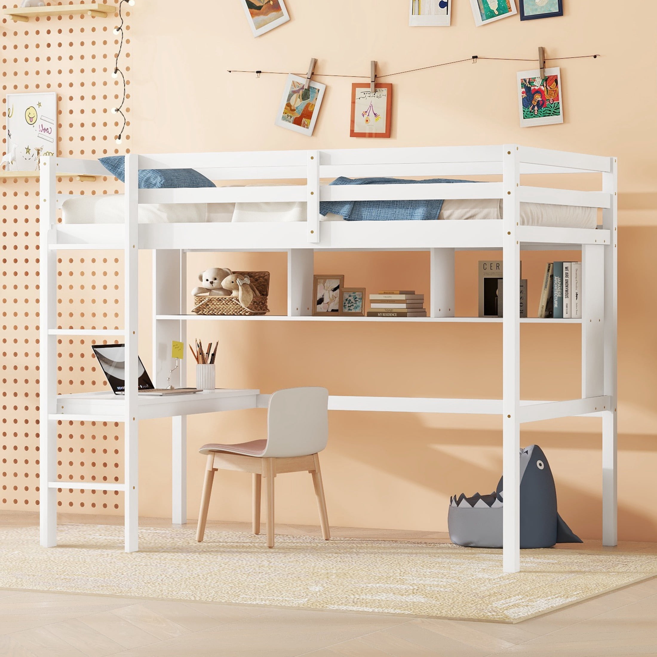 Noble House Sparkling Twin Loft Bed with Built-In Desk and Shelves, Pine Wood Frame with Ladder and Guardrails, White
