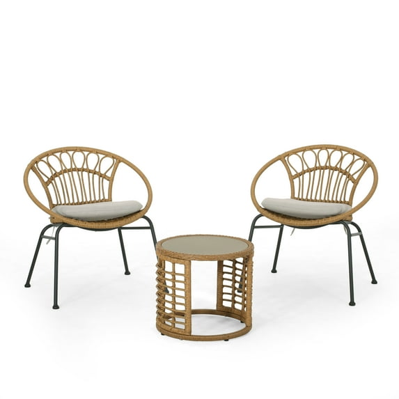 Noble House Specter Outdoor 3 Piece Wicker Chat Set Light Brown/Beige and Black