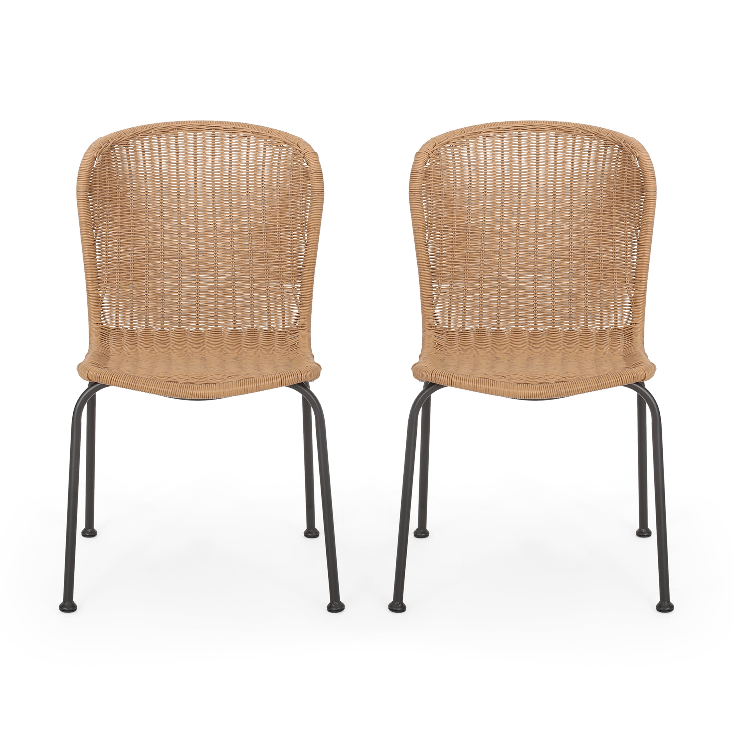 Light Brown Wicker Armless Dining Chair with Black Iron Frame