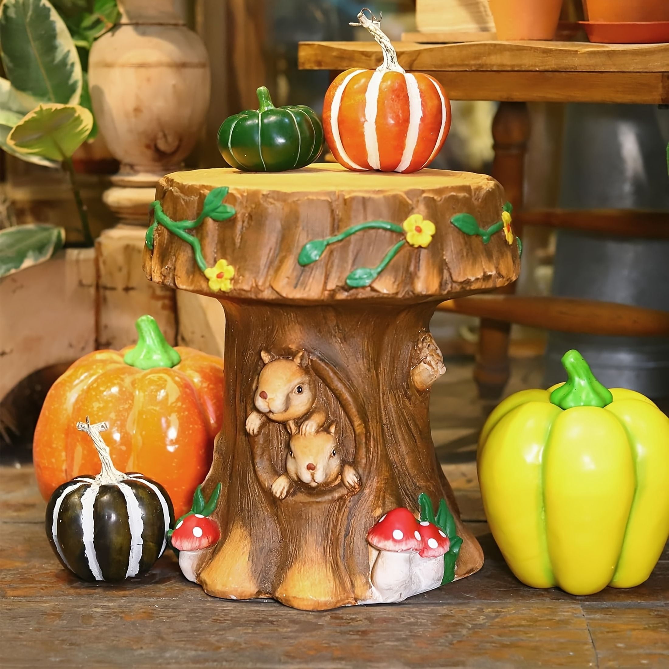 Noble House Squirrel Garden Stool, Fairy Forest Base Decor, Outdoor Creative Figurine Seat for Patio, Garden, Brown