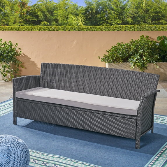 Noble House St. Lucia Wicker / Rattan & Steel Outdoor 3-Seater Sofa in Gray