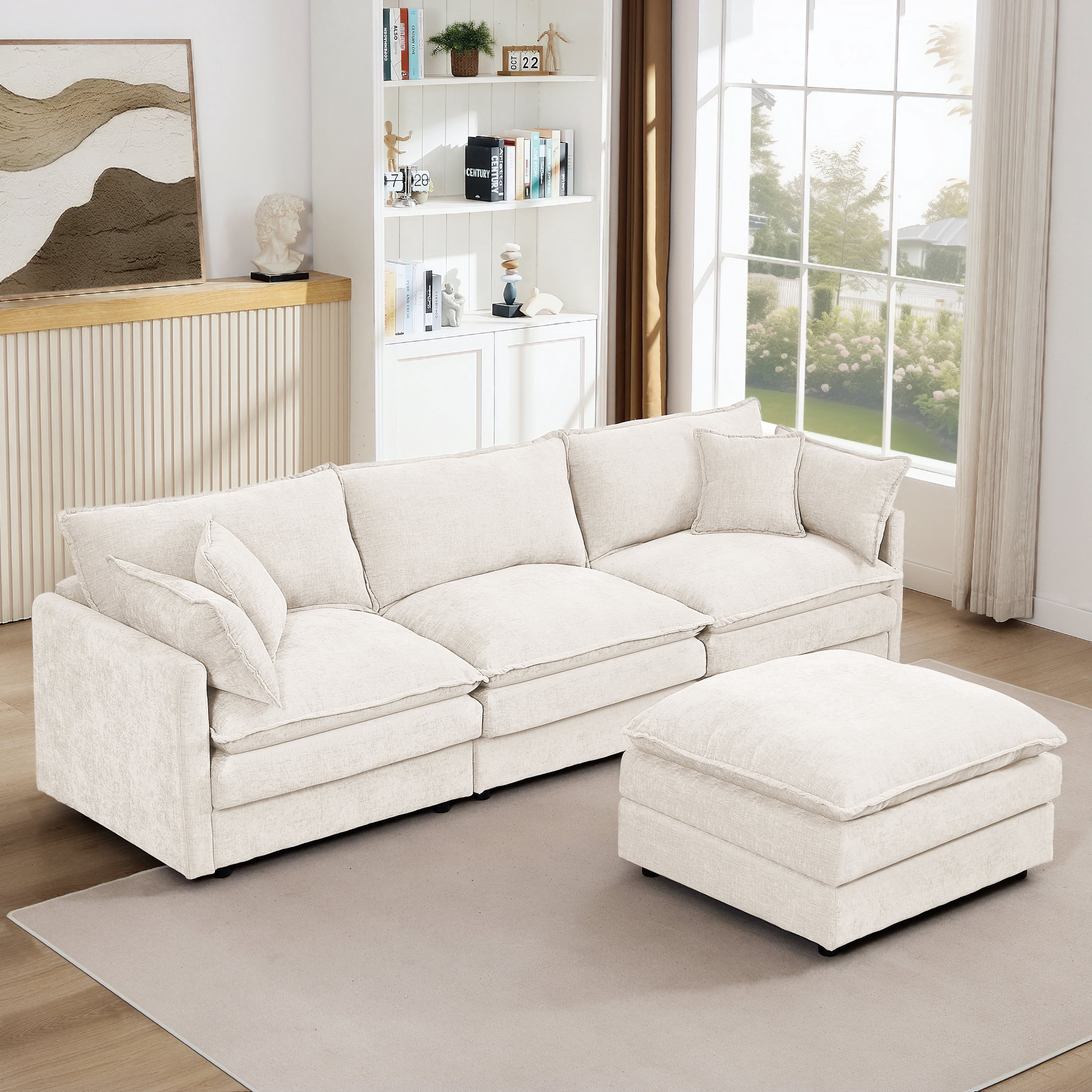 Noble House Stacy 102" Modular Sectional Sofa, L-Shaped Chenille Couch with Movable Ottoman, for Living Room, Beige