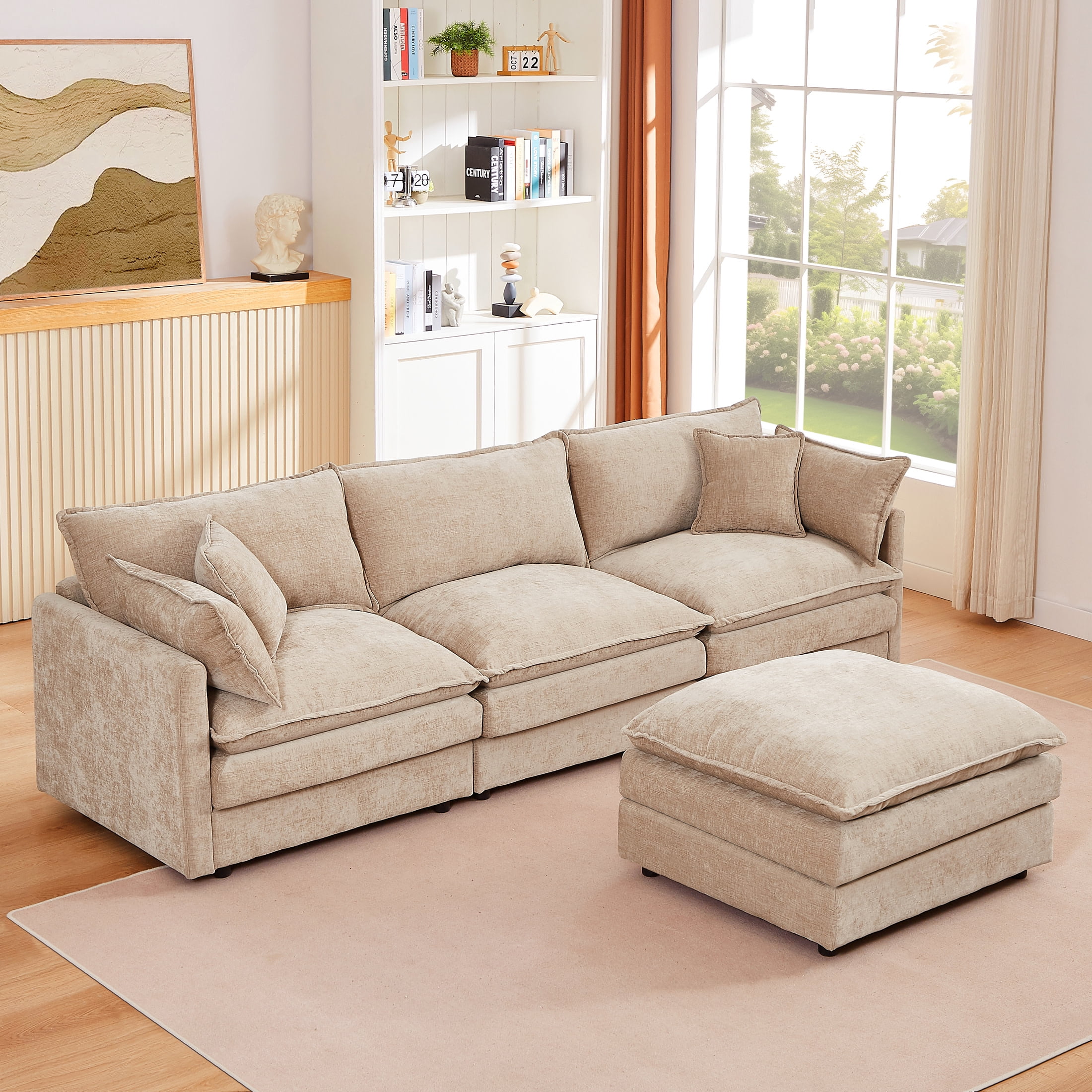 Noble House Stacy 102" Modular Sectional Sofa, L-Shaped Chenille Couch with Movable Ottoman, for Living Room, Coffee