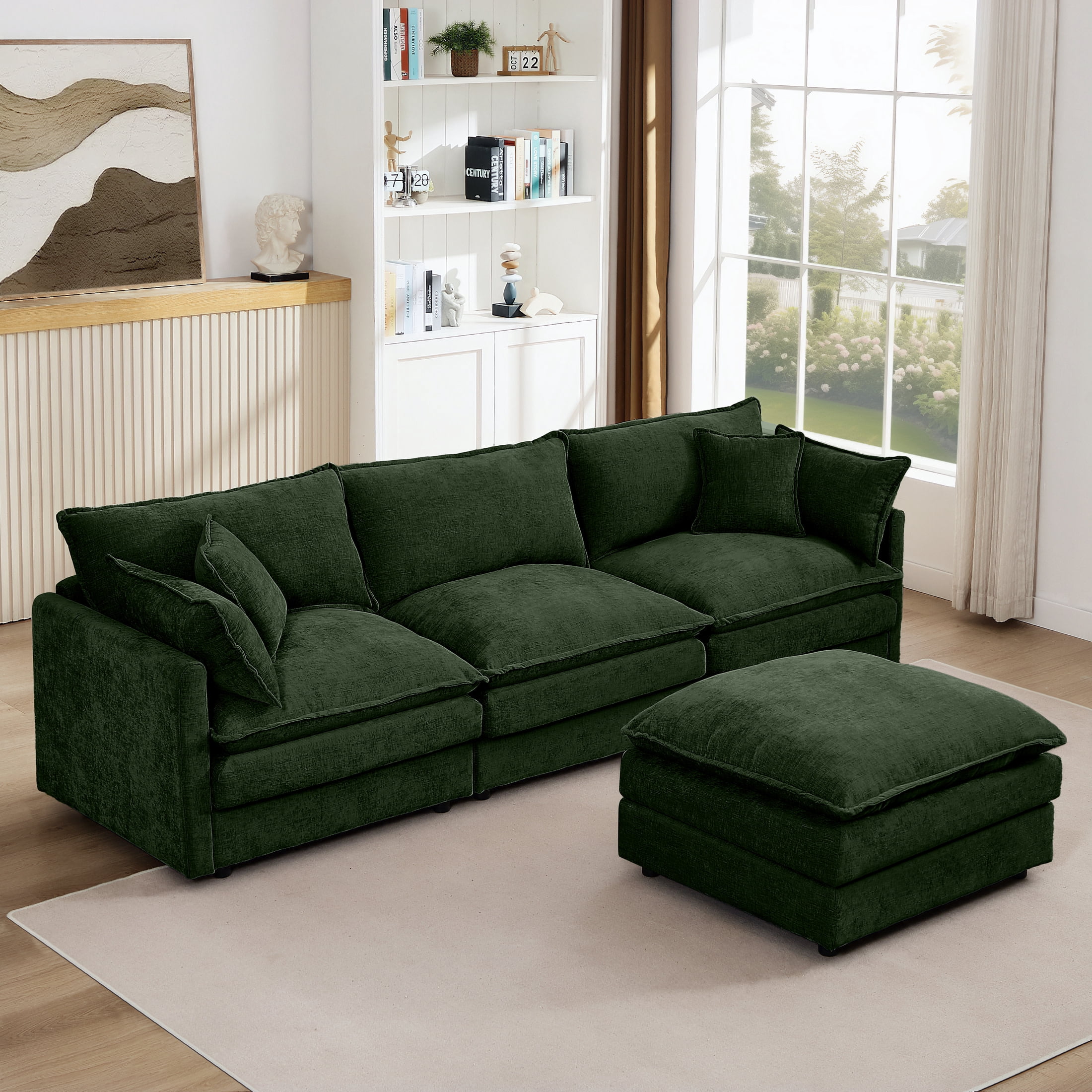 Noble House Stacy 102" Modular Sectional Sofa, L-Shaped Chenille Couch with Movable Ottoman, for Living Room, Green