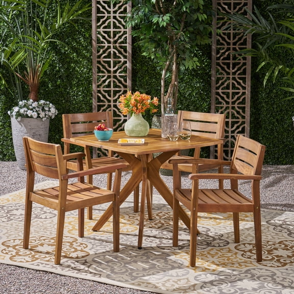 Noble House Stamford 5 Piece Wooden Round Patio Dining Set in Teak