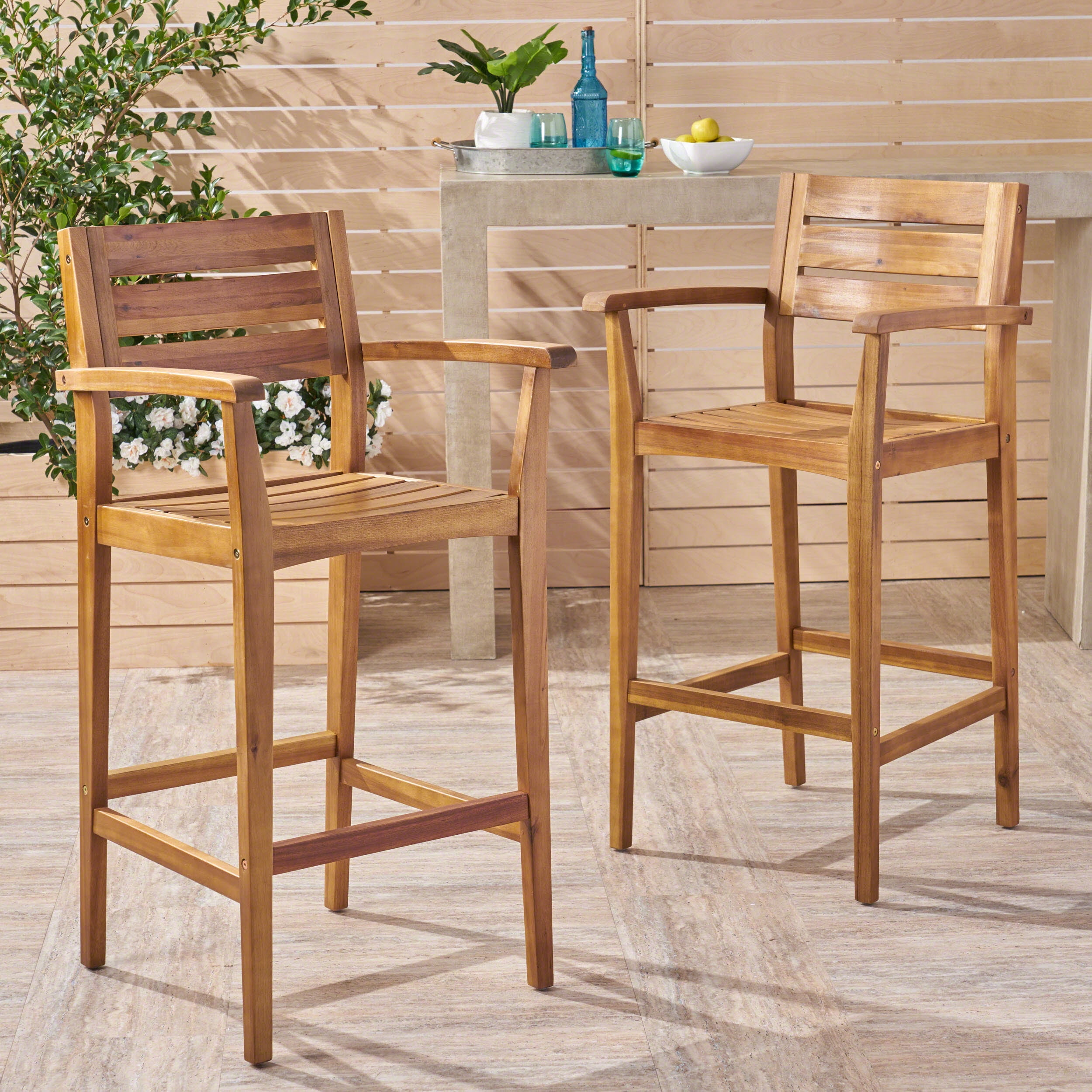 Noble House Stamford Outdoor Rustic Acacia Wood Barstool (Set of