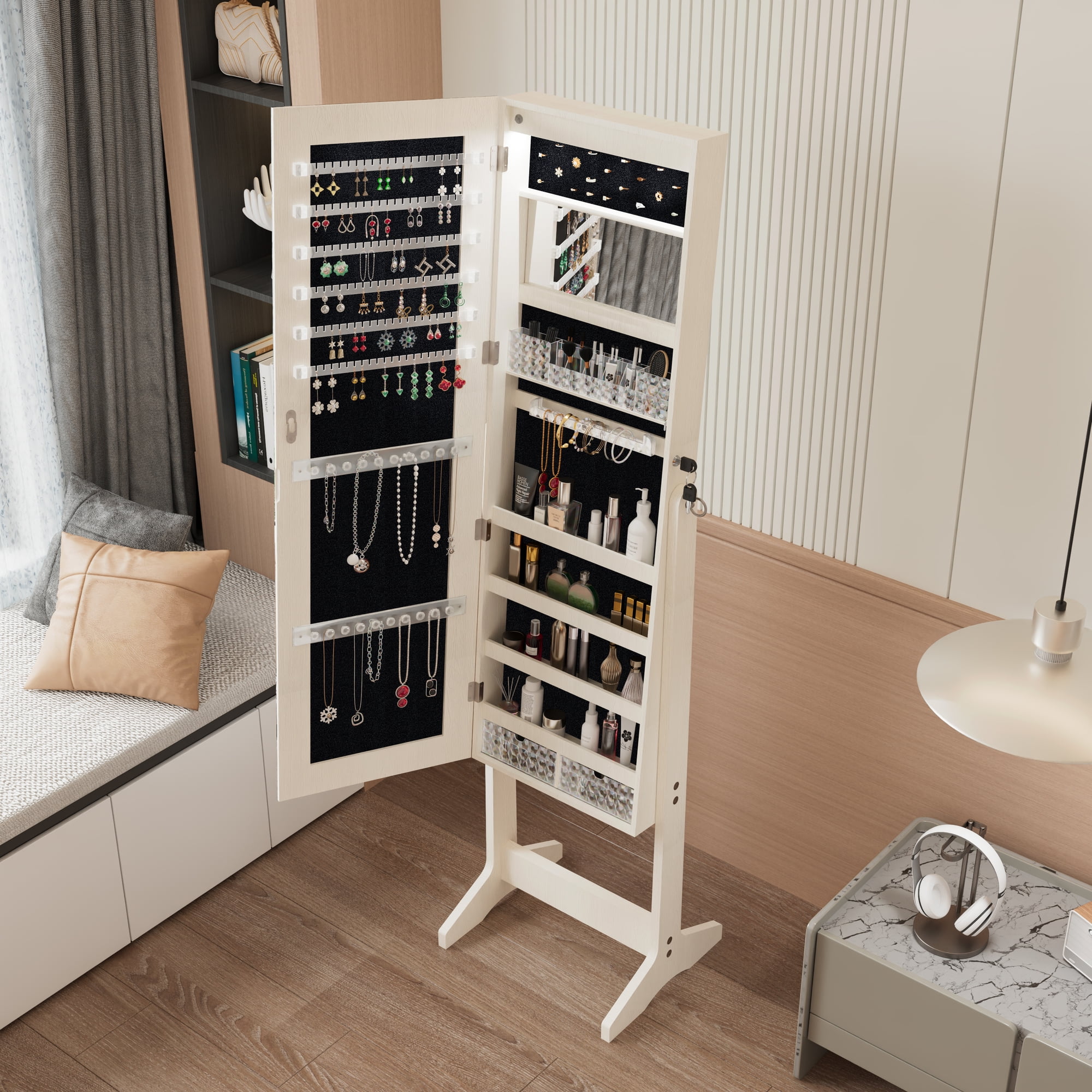 Noble House Standing Jewelry Armoire with Full Length Mirror, Lockable Lighted Organizer with Storage, White