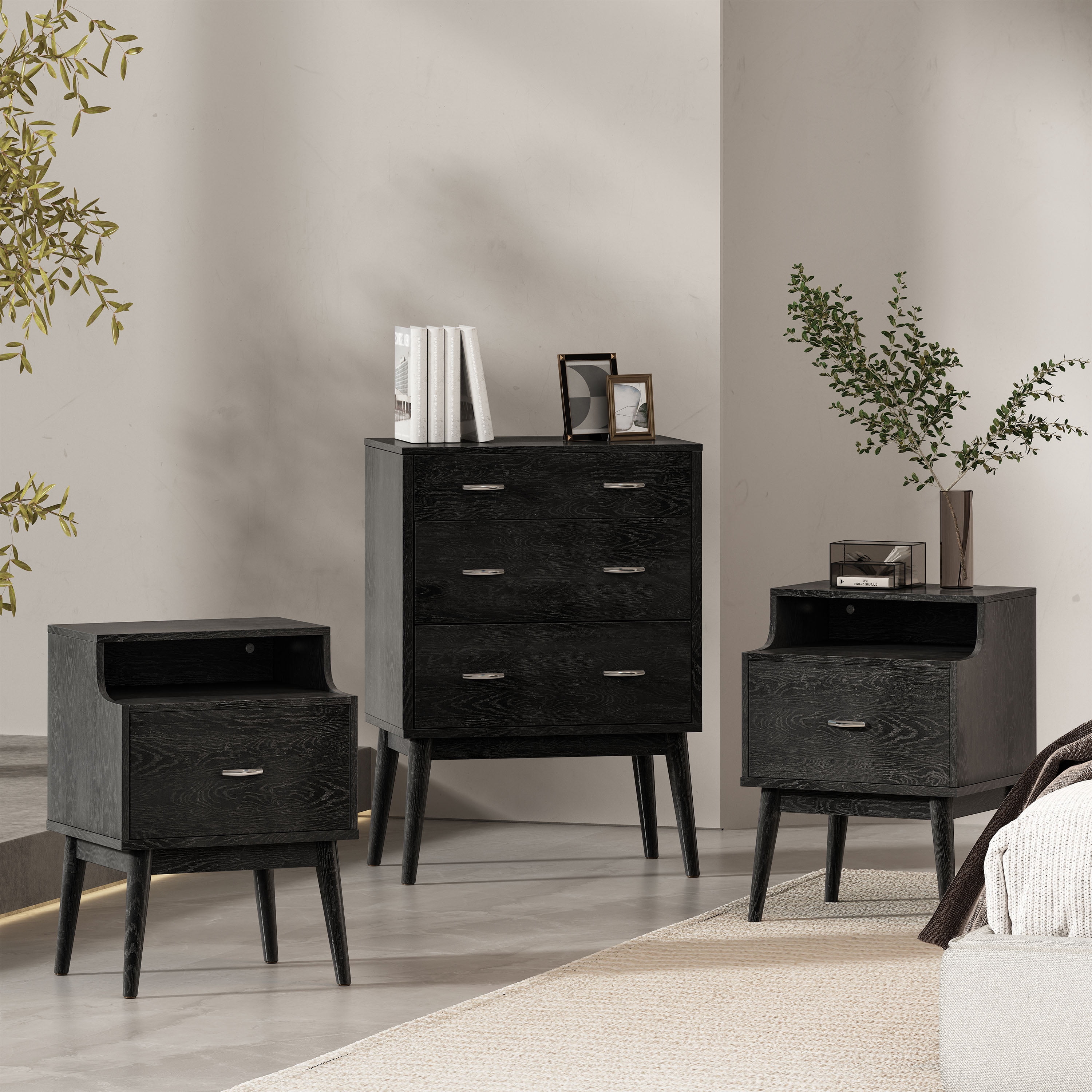 Noble House Starla Wooden 3 Piece 3 Drawer Dresser and Nightstand Bedroom Set, Black
