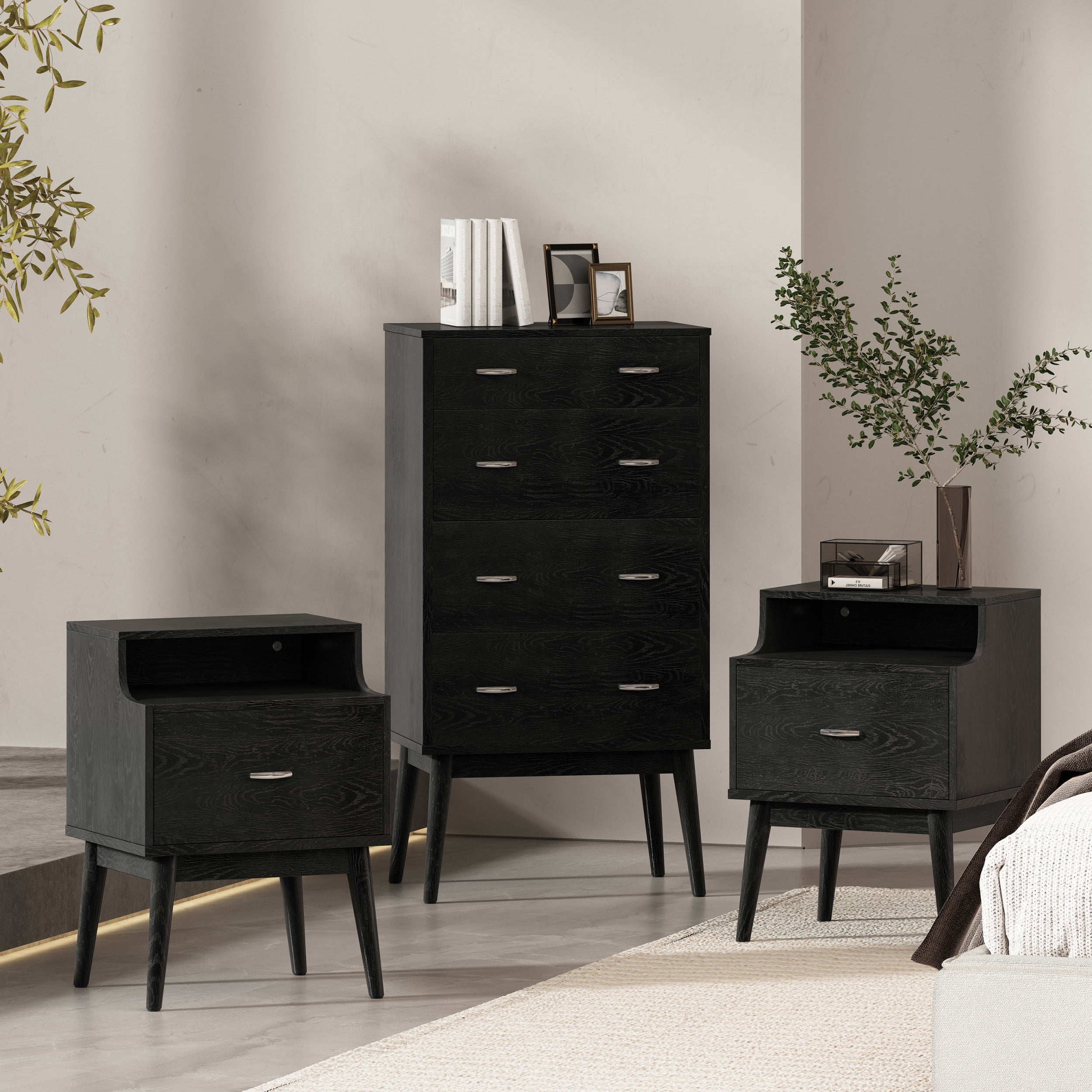 Noble House Starla Wooden 3 Piece 4 Drawer Dresser and Nightstand Bedroom Set, Black