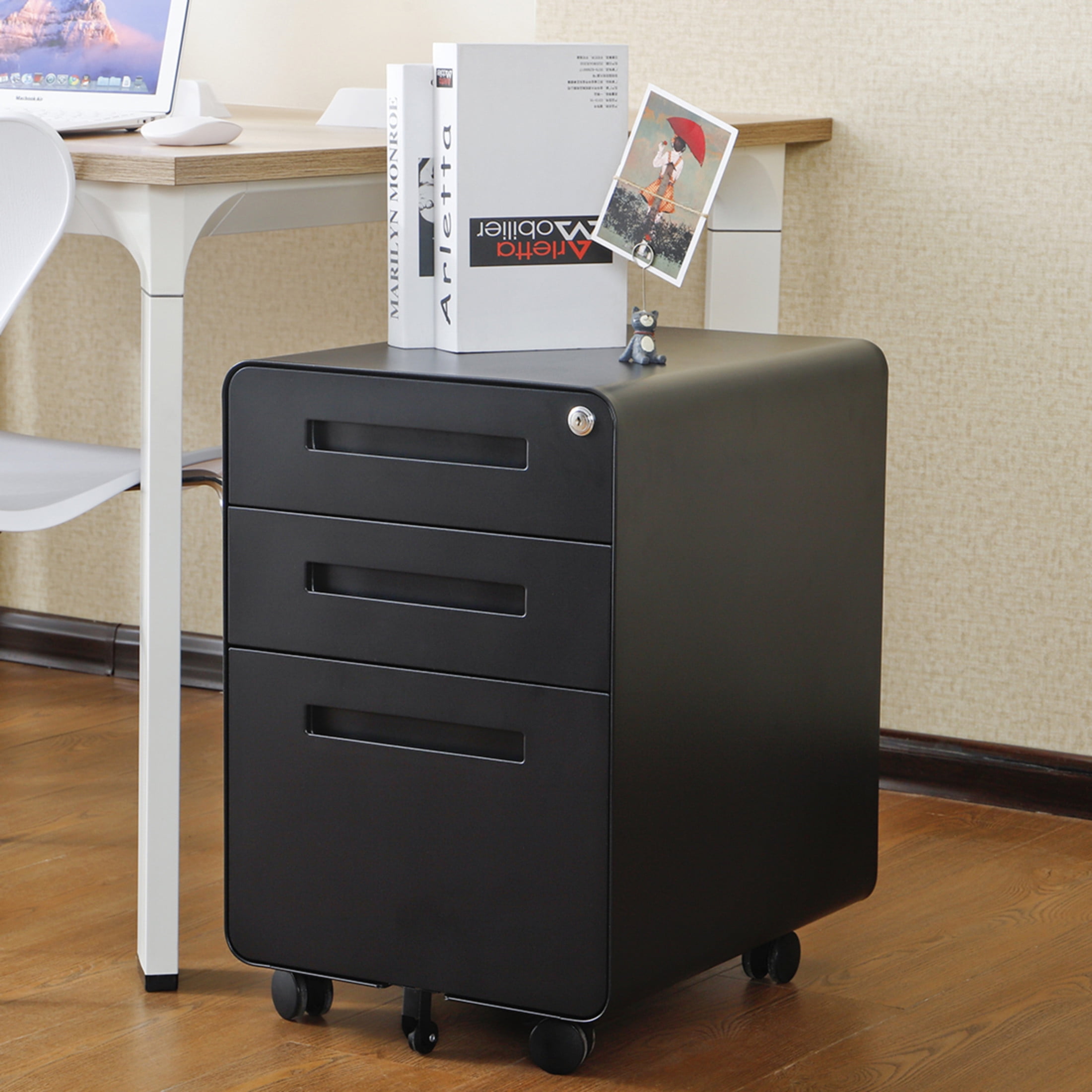 Noble House Steel Rounded 3-Drawer Mobile Filing Cabinet, Legal File Storage with 5 Wheels, Black