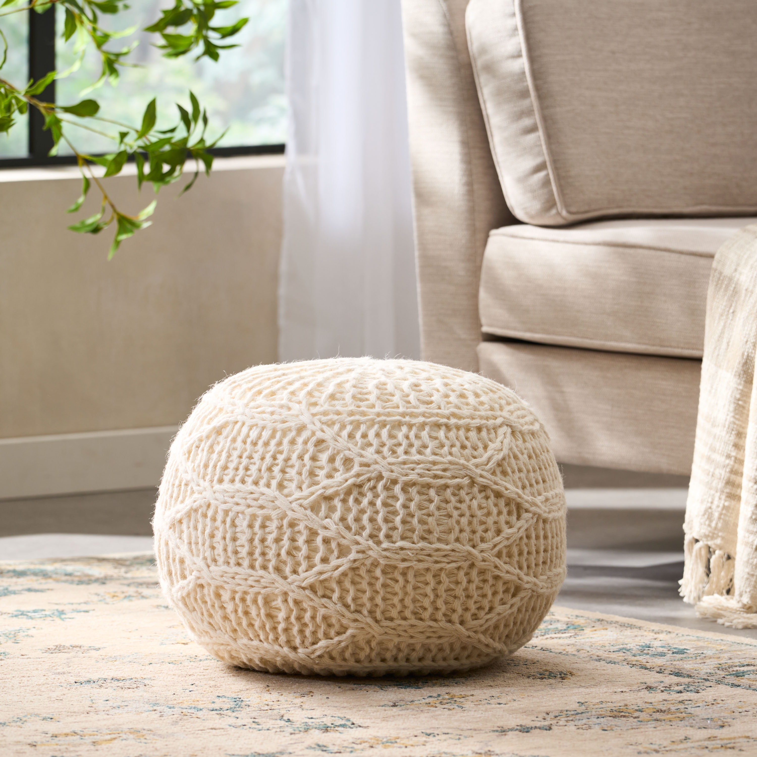 Noble House Stefan Fabric Handmade Pouf, Cream
