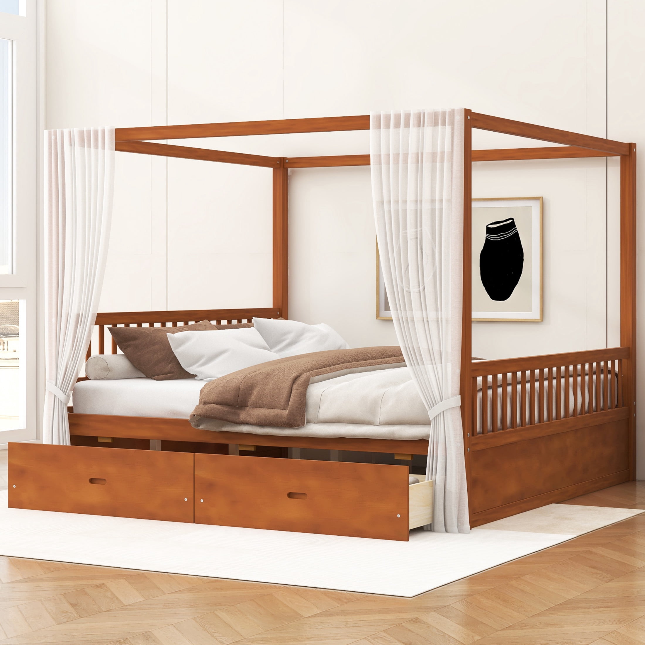 Noble House Stefan King Size Wooden Canopy Bed Frame with Storage Drawers, Farmhouse Decor Style, Walnut