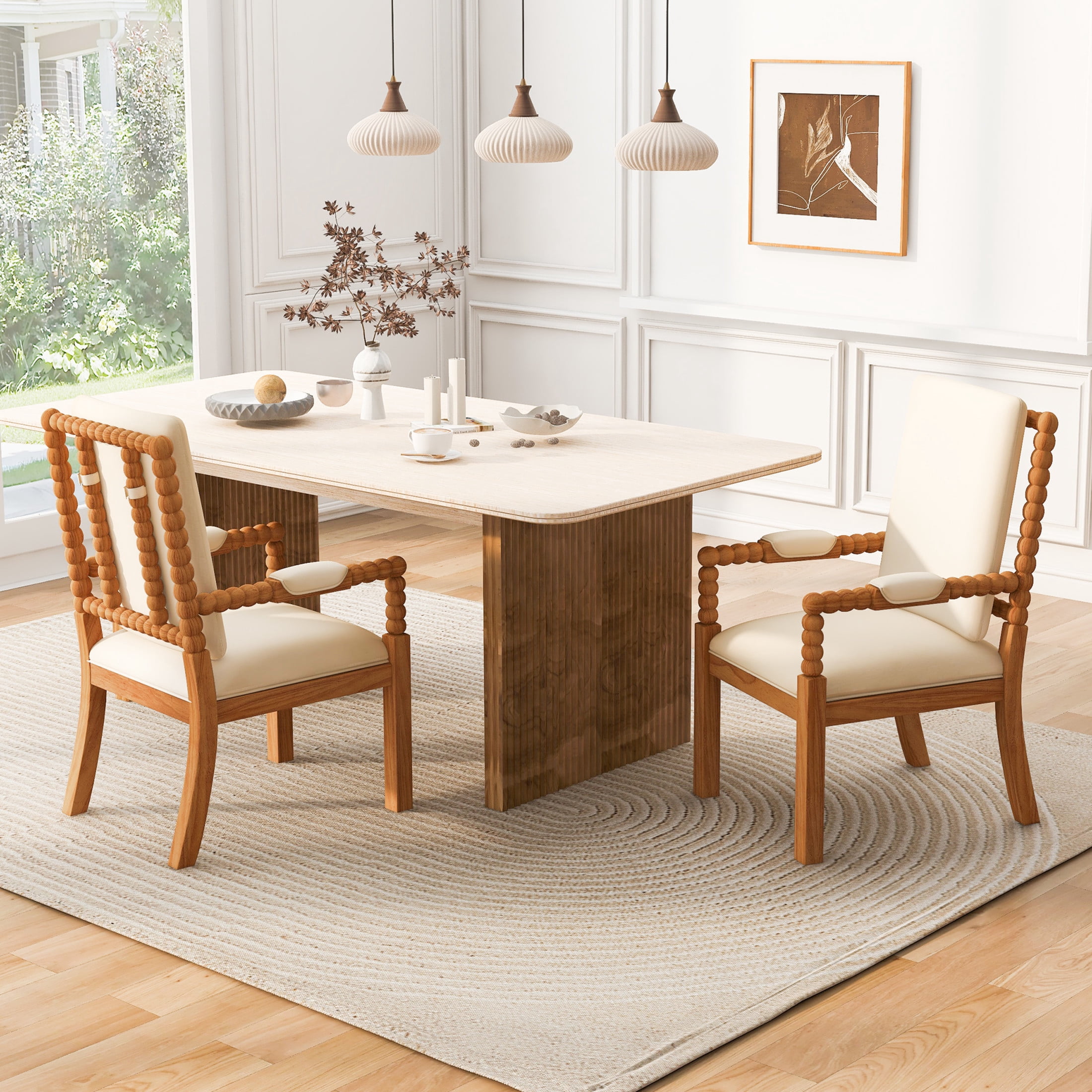 Noble House Stefan Rubber Wood Upholstered Dining Chairs, Ergonomic Comfort Kitchen Chairs, Natural & Beige, Set of 2